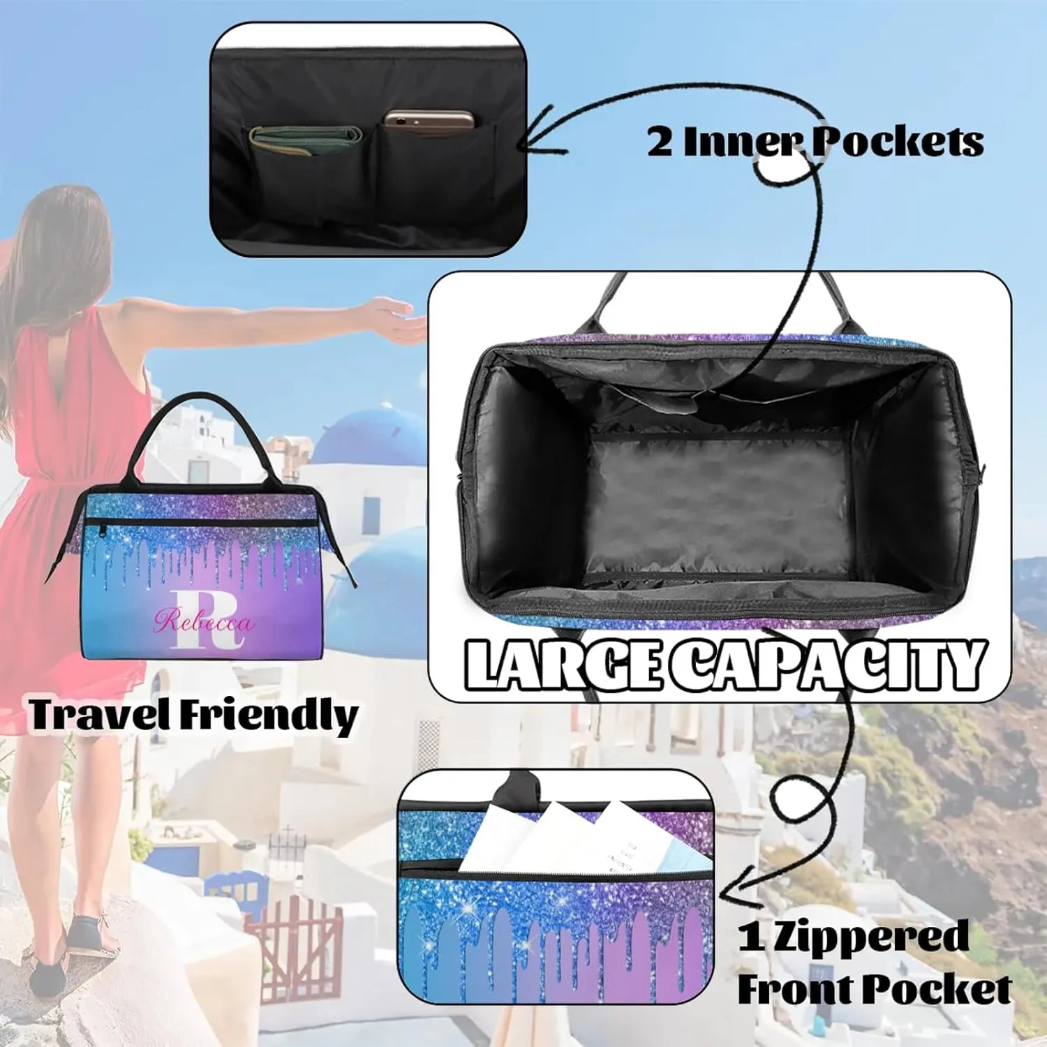 Custom Name Sports Duffel Bag Personalized Dance Gym Bag for Women Men Overnight Weekender Travel Duffel Bags Lightweight 15.2in, Multi Blue