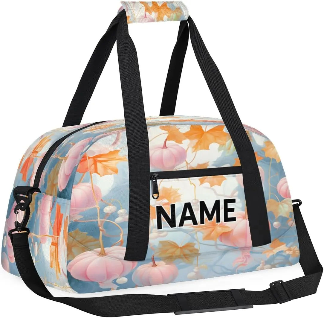 Custom Pumpkin Autumn Small Gym Bag 18 inch for Women Men Personalized Fall Carry On Overnight Weekender Bag for Travel Work Dance Sport