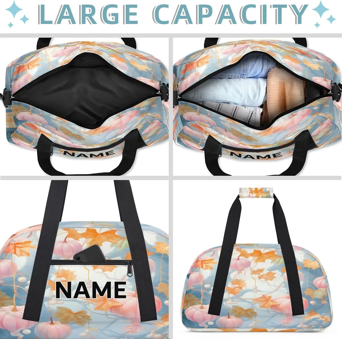 Custom Pumpkin Autumn Small Gym Bag 18 inch for Women Men Personalized Fall Carry On Overnight Weekender Bag for Travel Work Dance Sport