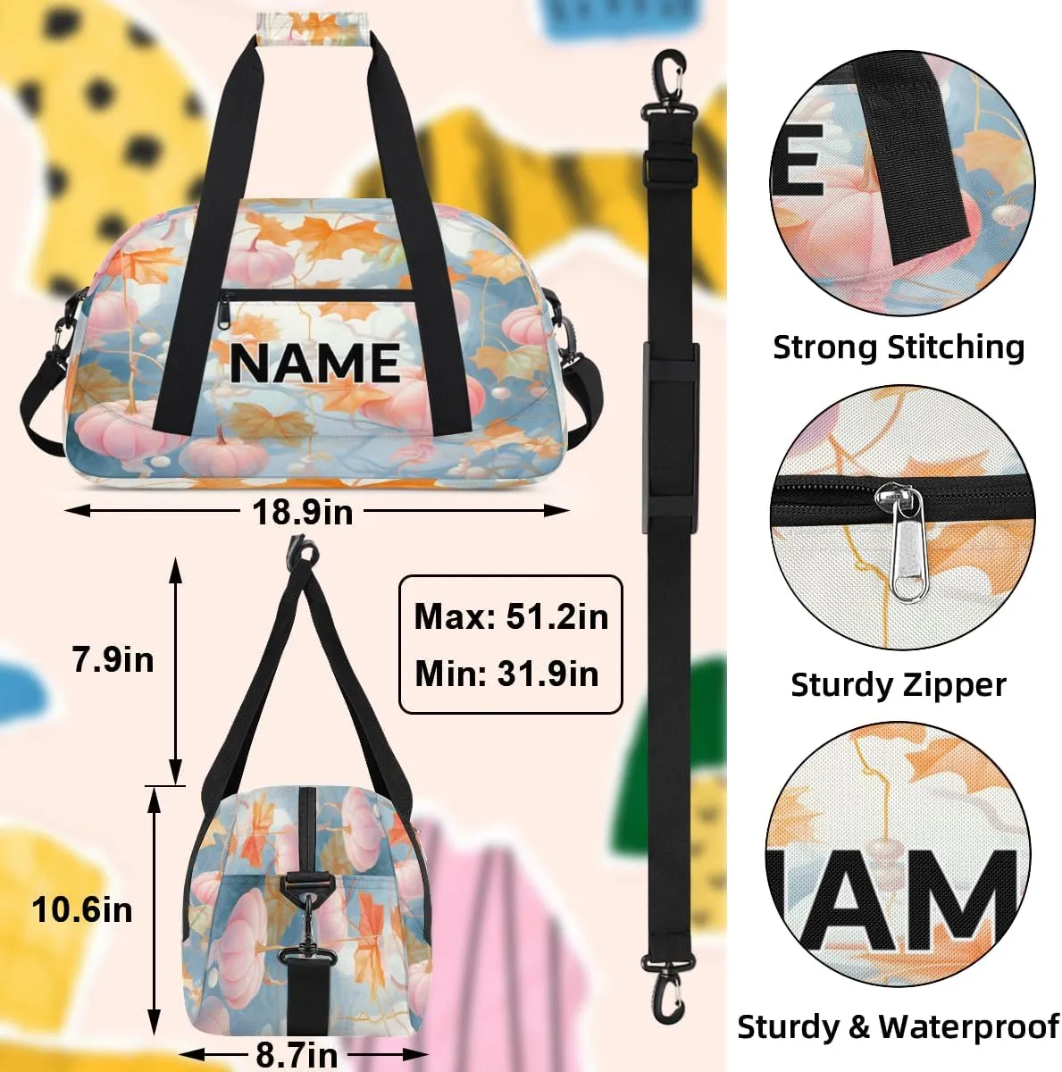 Custom Pumpkin Autumn Small Gym Bag 18 inch for Women Men Personalized Fall Carry On Overnight Weekender Bag for Travel Work Dance Sport