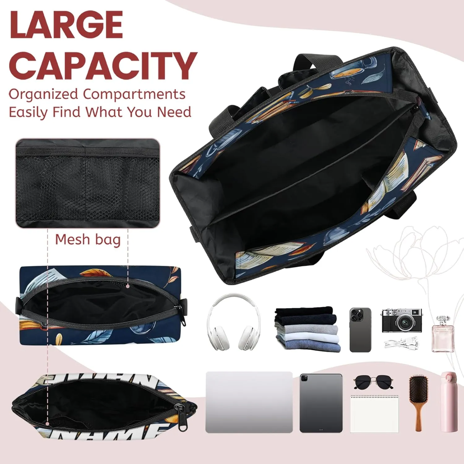 Custom Retro Coffee Book Travel Duffle Bags for Women Weekender Overnight Library Theme Carry on Tote for Airplanes Business Hospital Gym with Toiletry Bag 3Pcs Set
