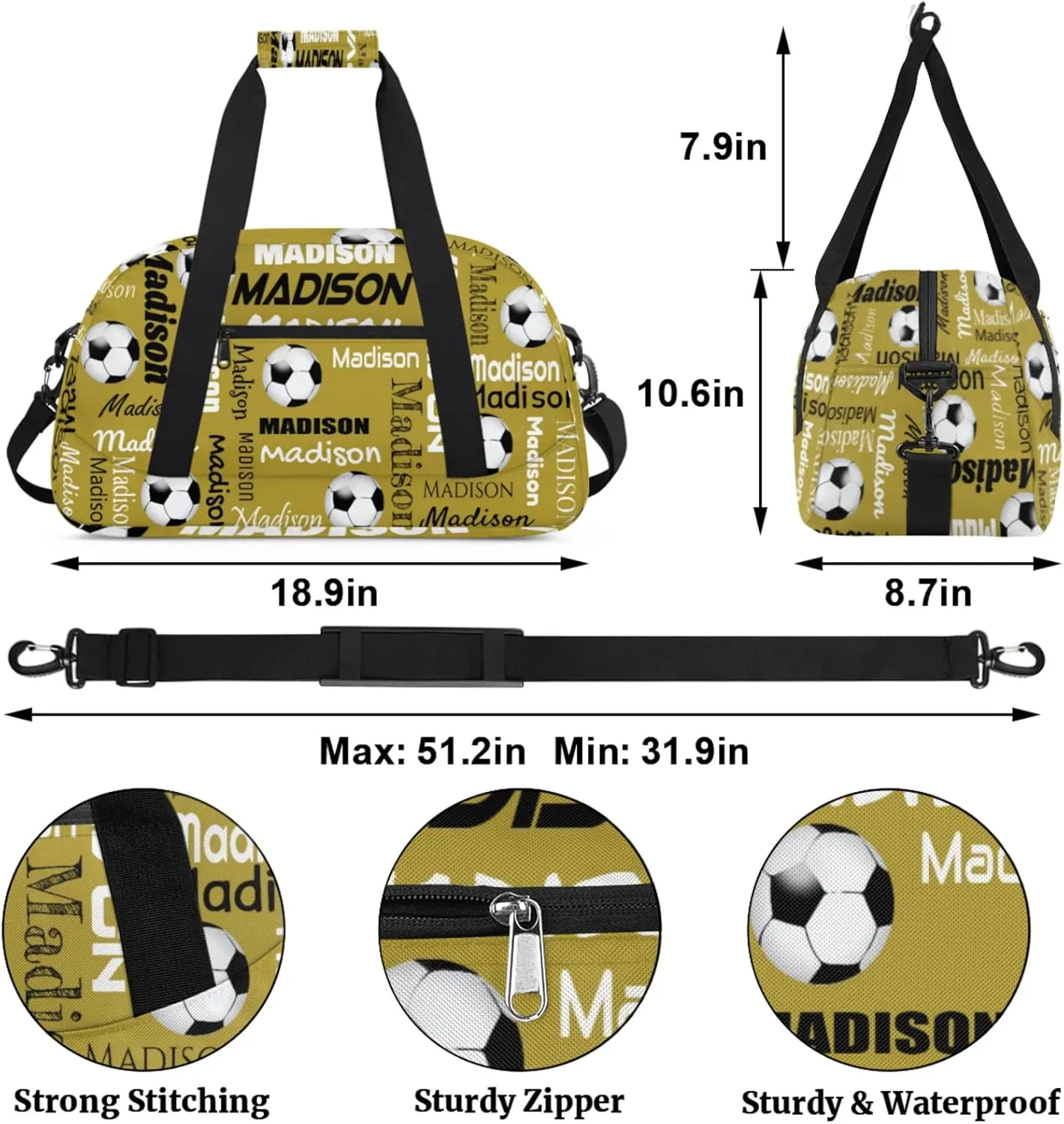 Custom Soccer Gym Bag Duffel Bag for Women Men, Personalized Name Travel Sport Bags Customized Footballs Bag, Brown