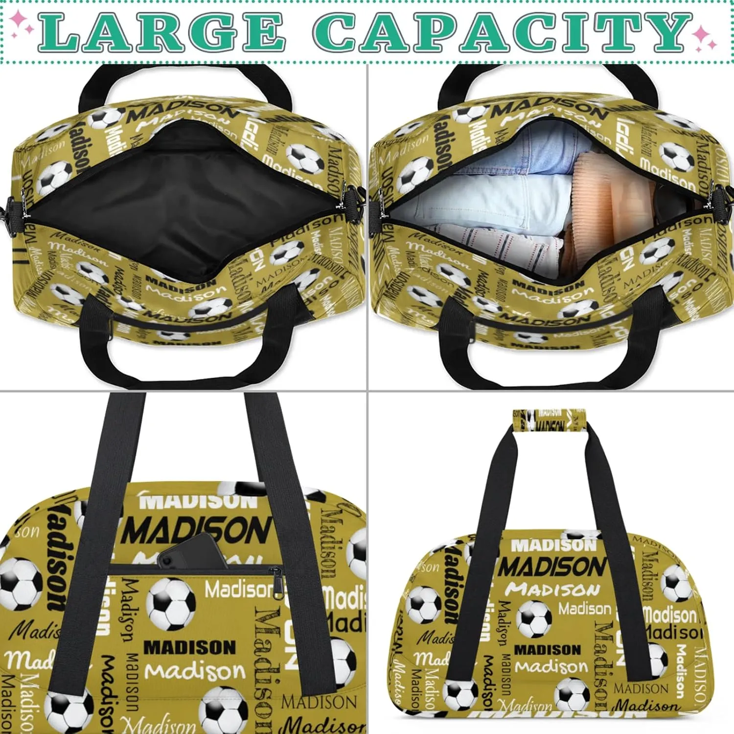 Custom Soccer Gym Bag Duffel Bag for Women Men, Personalized Name Travel Sport Bags Customized Footballs Bag, Brown