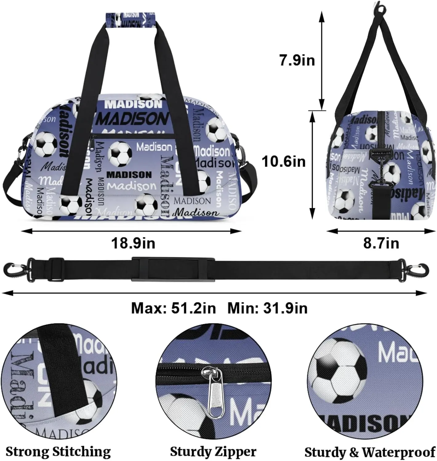 Custom Soccer Gym Bag Duffel Bag for Women Men, Personalized Name Travel Sport Bags Customized Footballs Bag, Cobalt Blue Gradient