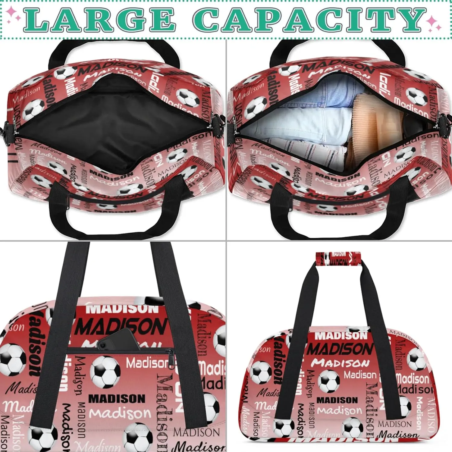 Custom Soccer Gym Bag Duffel Bag for Women Men, Personalized Name Travel Sport Bags Customized Footballs Bag, Deep Red Gradient