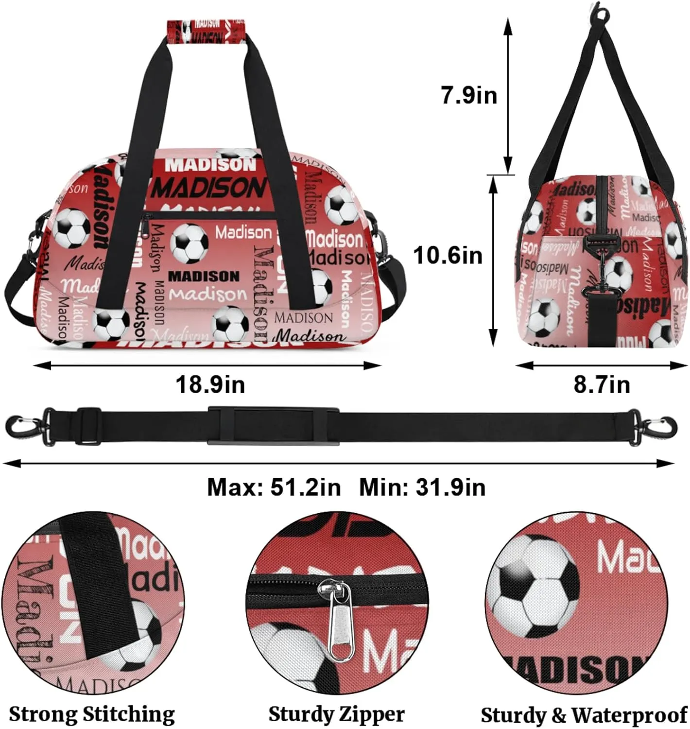 Custom Soccer Gym Bag Duffel Bag for Women Men, Personalized Name Travel Sport Bags Customized Footballs Bag, Deep Red Gradient