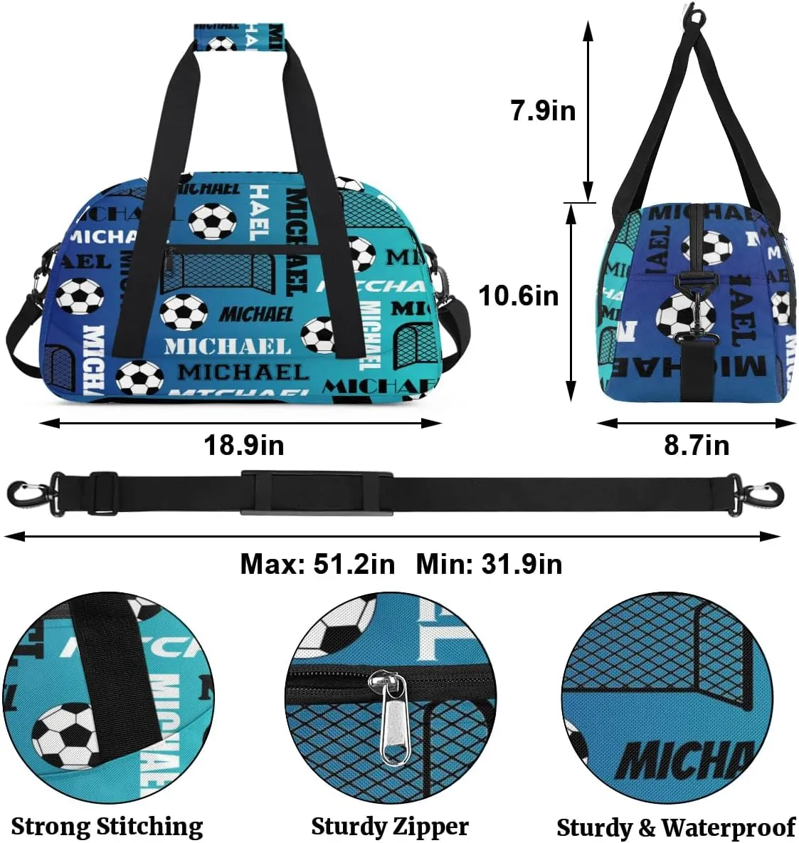 Custom Soccer Gym Duffel Bag with Name, Personalized Name Sport Bag Overnight Bags Custom Travel Weekender Bag for Women Men, Blue