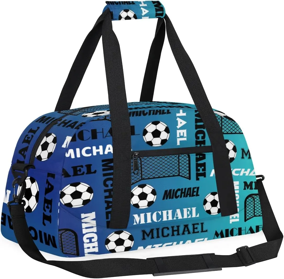 Custom Soccer Gym Duffel Bag with Name, Personalized Name Sport Bag Overnight Bags Custom Travel Weekender Bag for Women Men, Blue