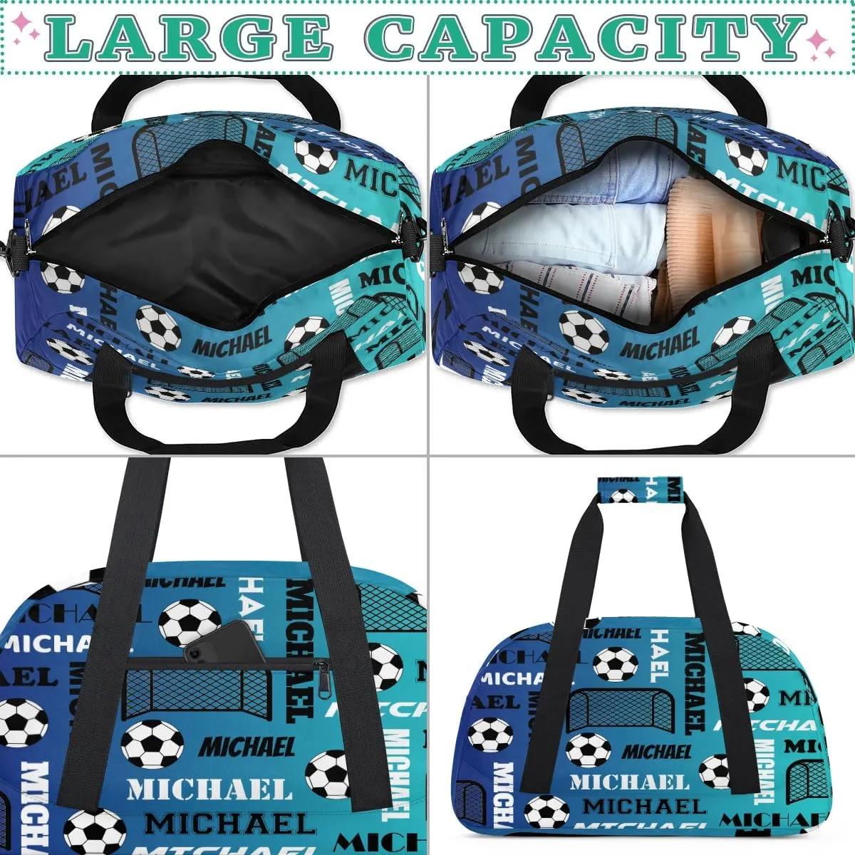 Custom Soccer Gym Duffel Bag with Name, Personalized Name Sport Bag Overnight Bags Custom Travel Weekender Bag for Women Men, Blue