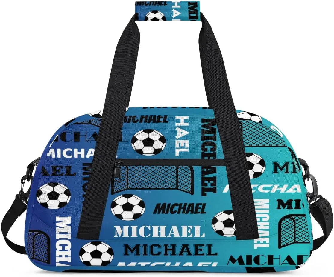 Custom Soccer Gym Duffel Bag with Name, Personalized Name Sport Bag Overnight Bags Custom Travel Weekender Bag for Women Men, Blue
