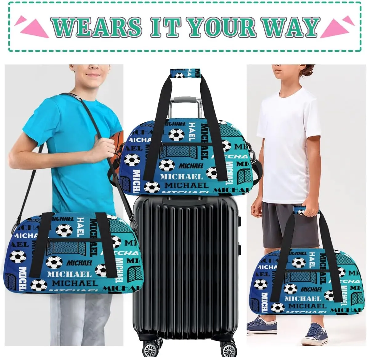Custom Soccer Gym Duffel Bag with Name, Personalized Name Sport Bag Overnight Bags Custom Travel Weekender Bag for Women Men, Blue