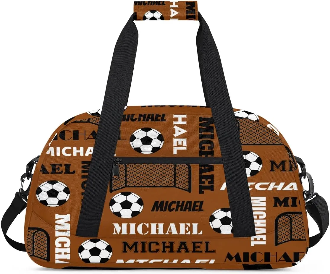 Custom Soccer Gym Duffel Bag with Name, Personalized Name Sport Bag Overnight Bags Custom Travel Weekender Bag for Women Men, Brown