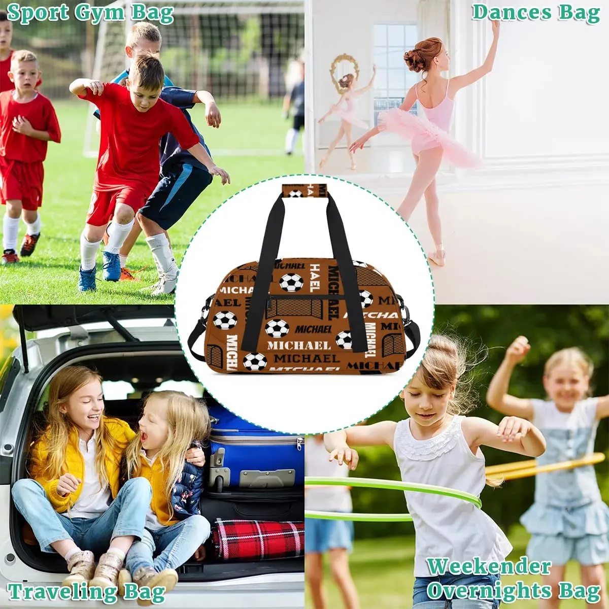 Custom Soccer Gym Duffel Bag with Name, Personalized Name Sport Bag Overnight Bags Custom Travel Weekender Bag for Women Men, Brown