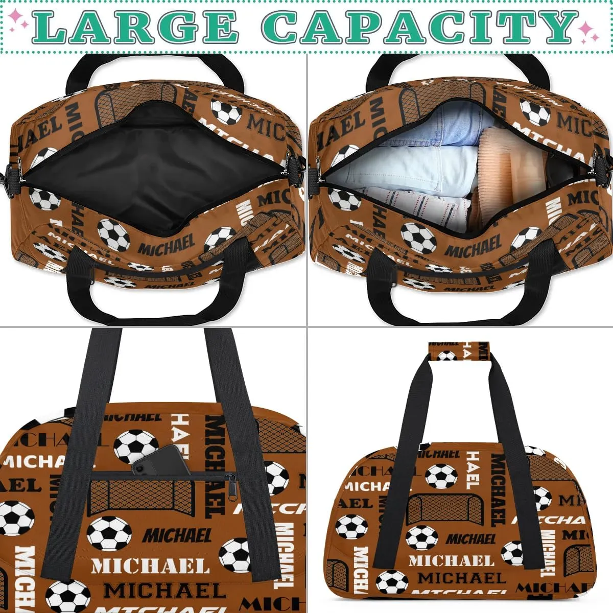 Custom Soccer Gym Duffel Bag with Name, Personalized Name Sport Bag Overnight Bags Custom Travel Weekender Bag for Women Men, Brown
