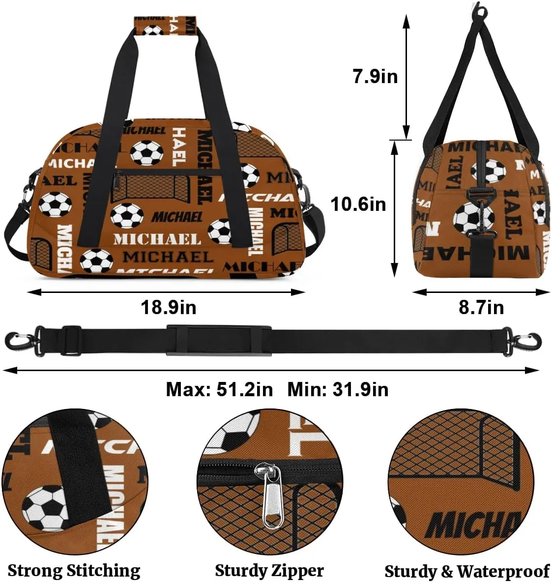 Custom Soccer Gym Duffel Bag with Name, Personalized Name Sport Bag Overnight Bags Custom Travel Weekender Bag for Women Men, Brown