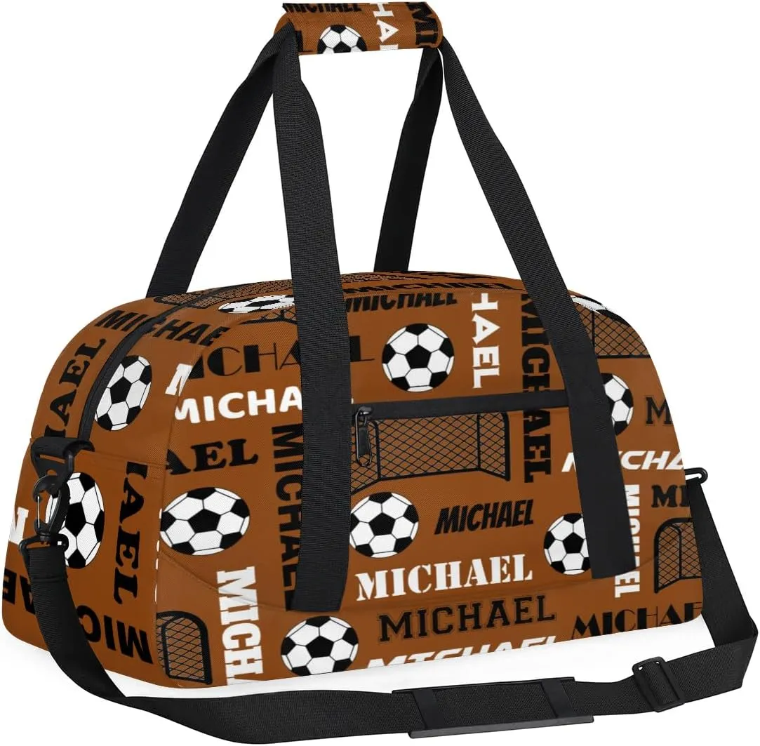 Custom Soccer Gym Duffel Bag with Name, Personalized Name Sport Bag Overnight Bags Custom Travel Weekender Bag for Women Men, Brown