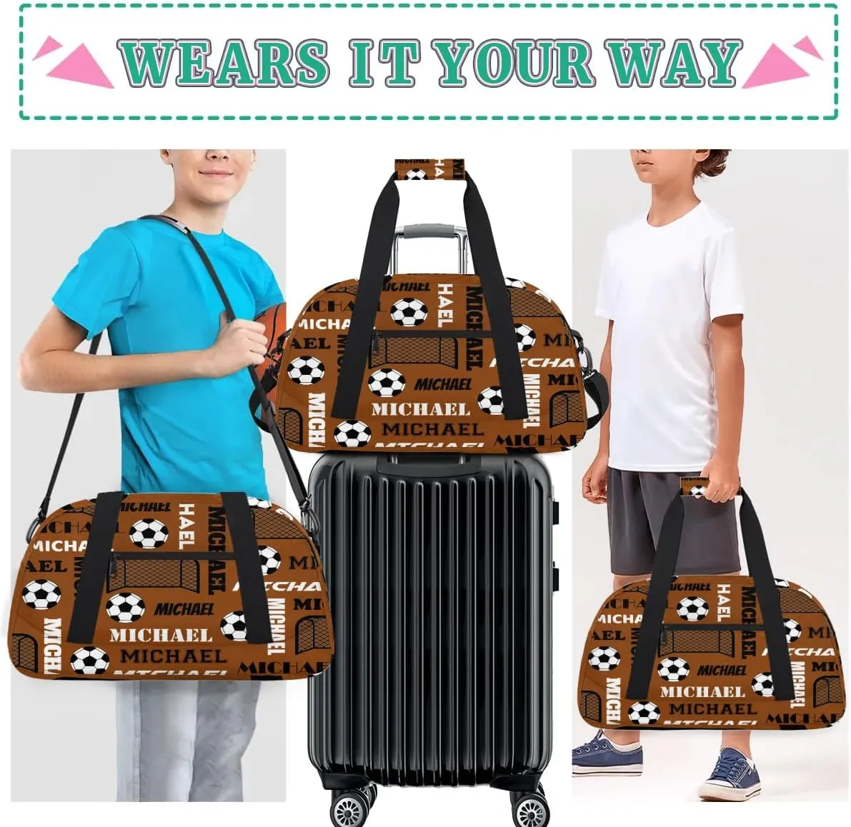 Custom Soccer Gym Duffel Bag with Name, Personalized Name Sport Bag Overnight Bags Custom Travel Weekender Bag for Women Men, Brown