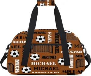 Custom Soccer Gym Duffel Bag with Name, Personalized Name Sport Bag Overnight Bags Custom Travel Weekender Bag for Women Men, Brown