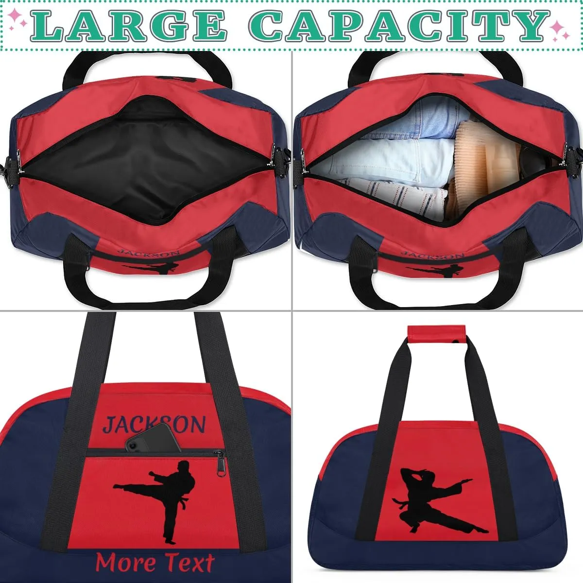 Custom Sport Duffel Bag for Boys, Personalized Kids Gym Bag, Overnight Weekender Bags for Teens, Travel Duffle Bag for Girls, Navy Blue Martial Arts Male
