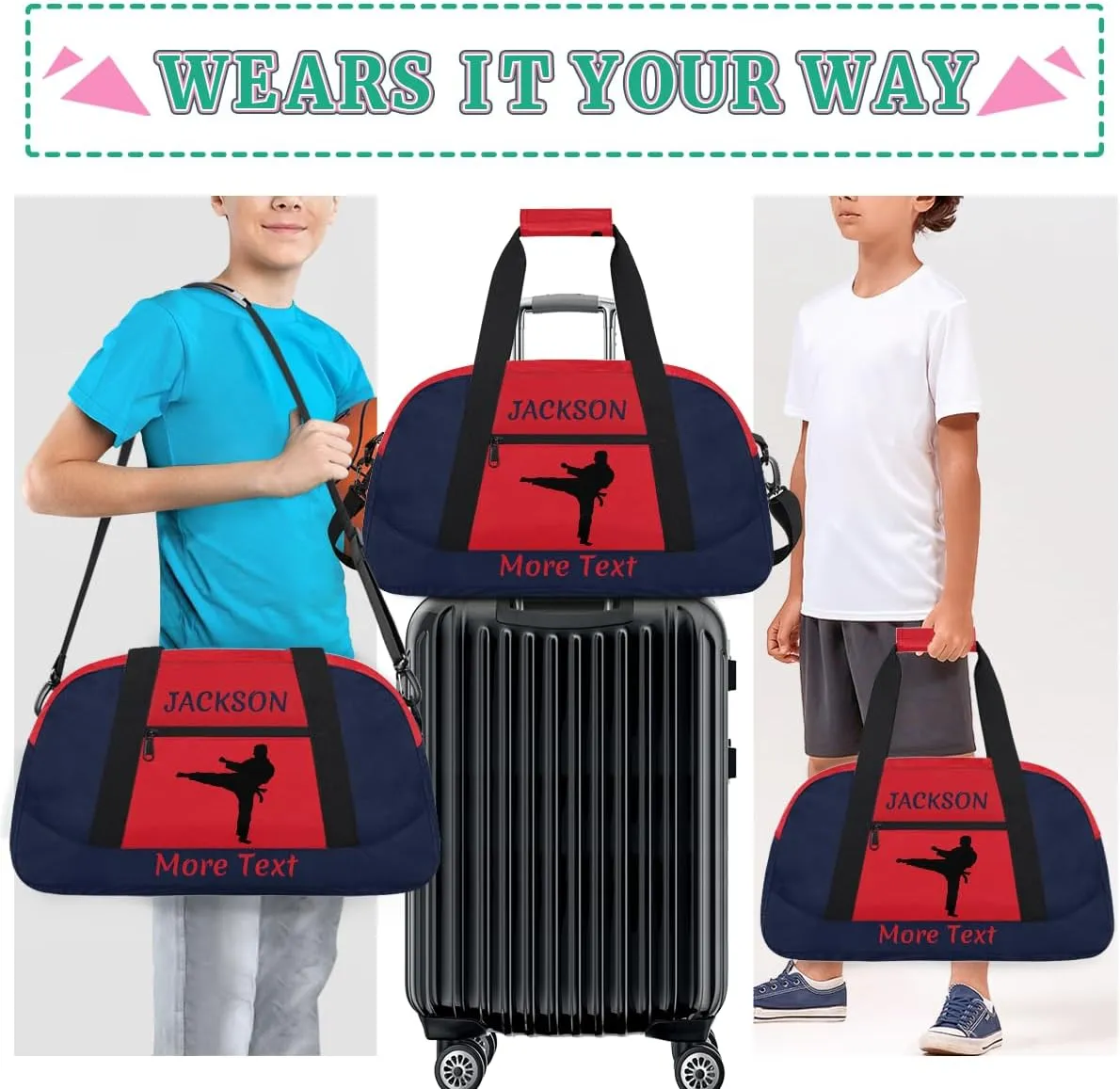 Custom Sport Duffel Bag for Boys, Personalized Kids Gym Bag, Overnight Weekender Bags for Teens, Travel Duffle Bag for Girls, Navy Blue Martial Arts Male
