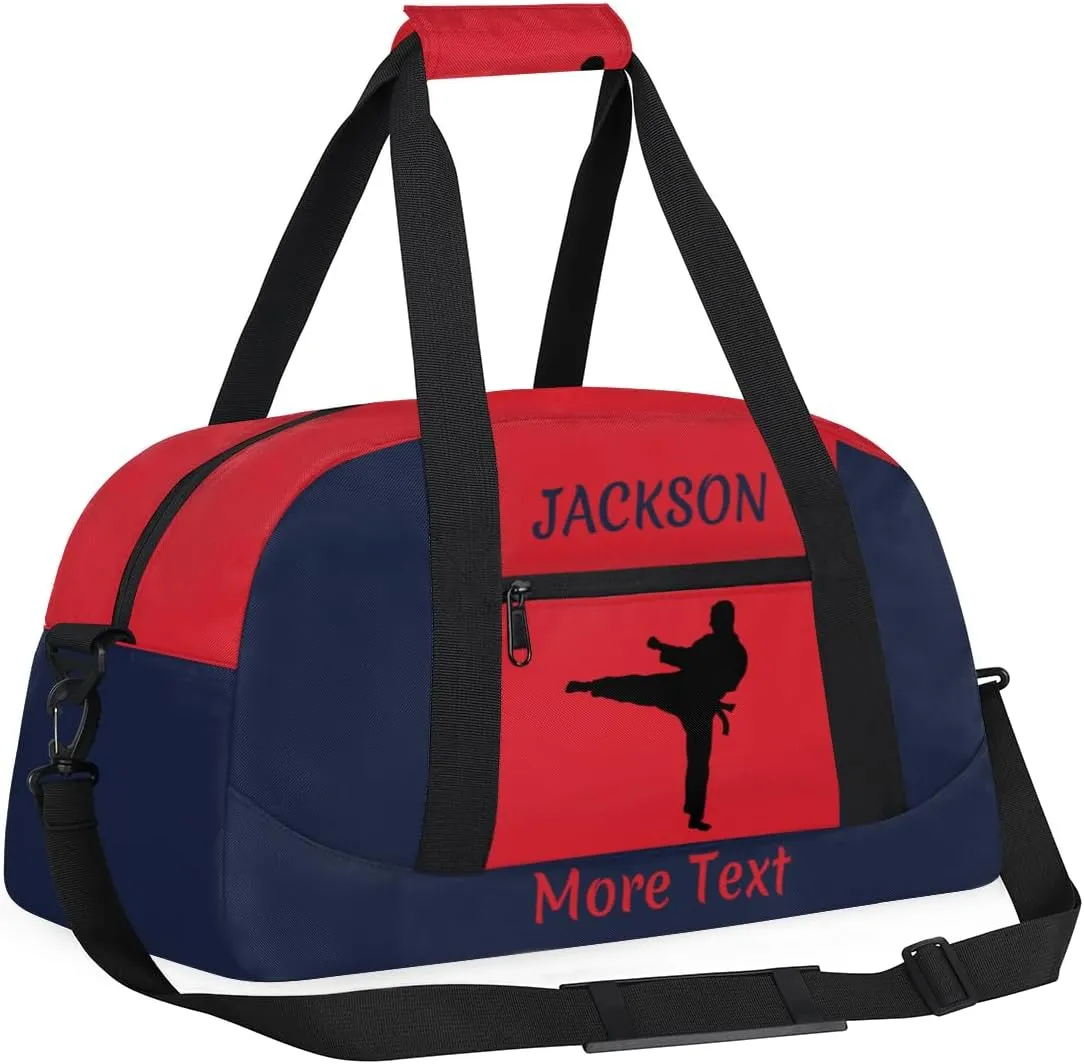 Custom Sport Duffel Bag for Boys, Personalized Kids Gym Bag, Overnight Weekender Bags for Teens, Travel Duffle Bag for Girls, Navy Blue Martial Arts Male