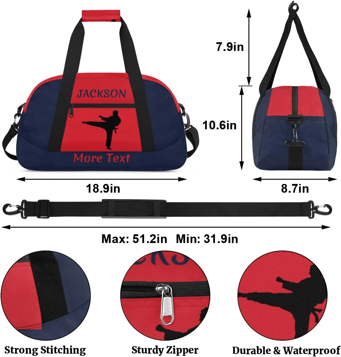 Custom Sport Duffel Bag for Boys, Personalized Kids Gym Bag, Overnight Weekender Bags for Teens, Travel Duffle Bag for Girls, Navy Blue Martial Arts Male