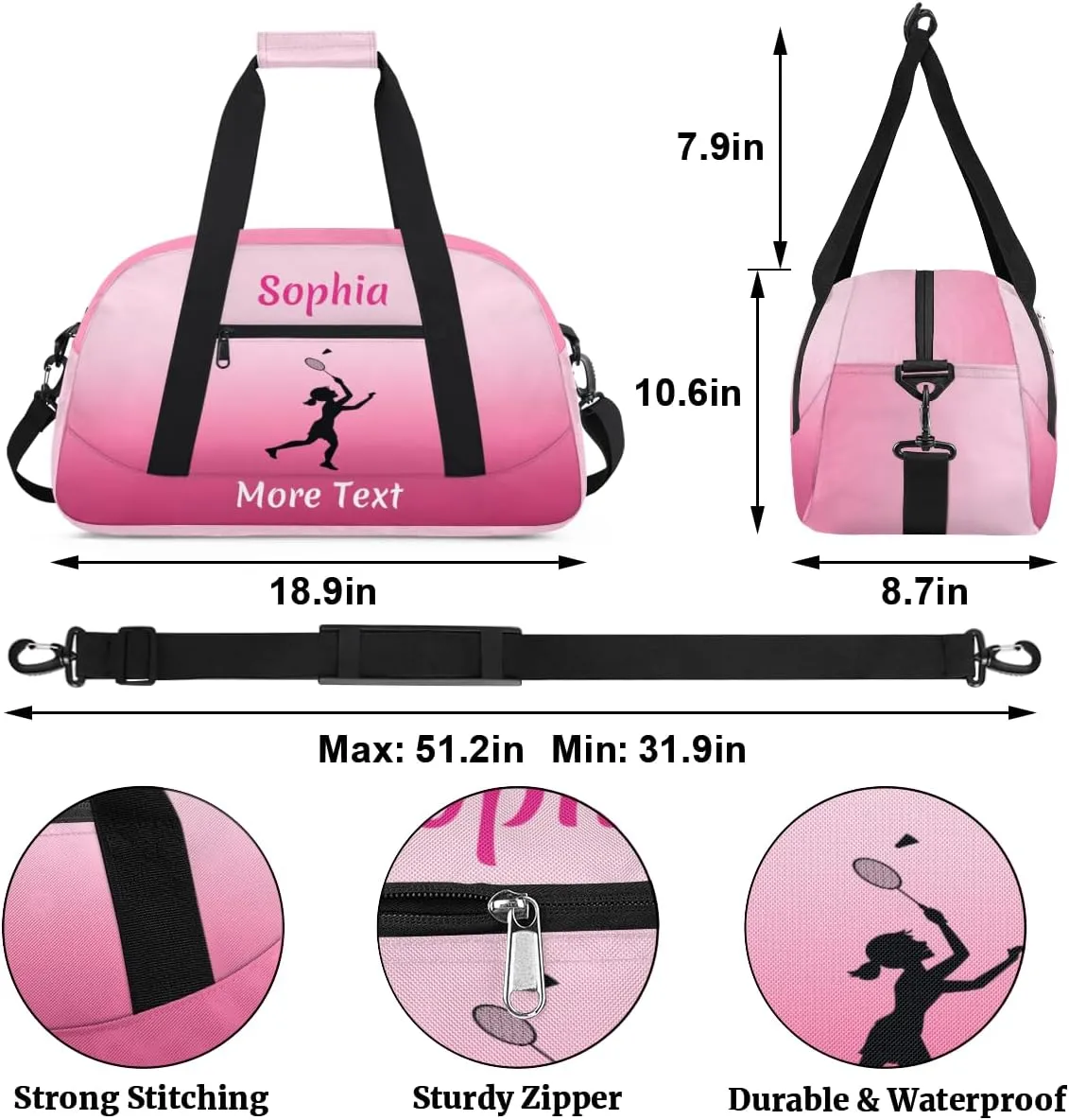 Custom Sport Duffel Bag for Girls, Personalized Kids Gym Bag, Overnight Weekender Bags for Teens, Travel Duffle Bag for Girls, Deeppink Badminton