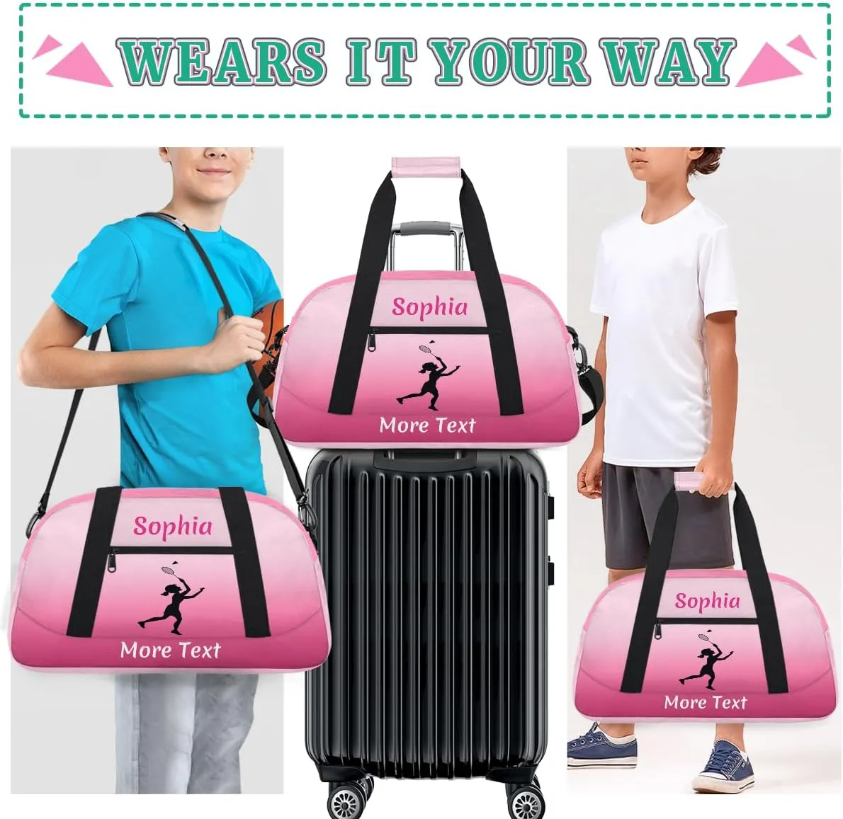 Custom Sport Duffel Bag for Girls, Personalized Kids Gym Bag, Overnight Weekender Bags for Teens, Travel Duffle Bag for Girls, Deeppink Badminton