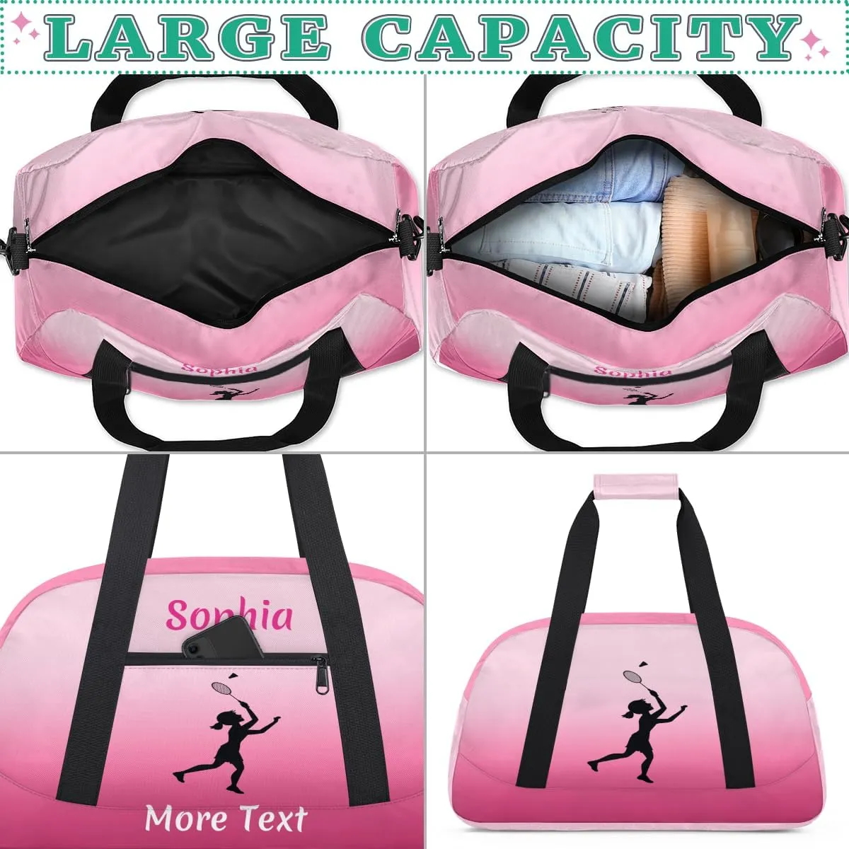 Custom Sport Duffel Bag for Girls, Personalized Kids Gym Bag, Overnight Weekender Bags for Teens, Travel Duffle Bag for Girls, Deeppink Badminton