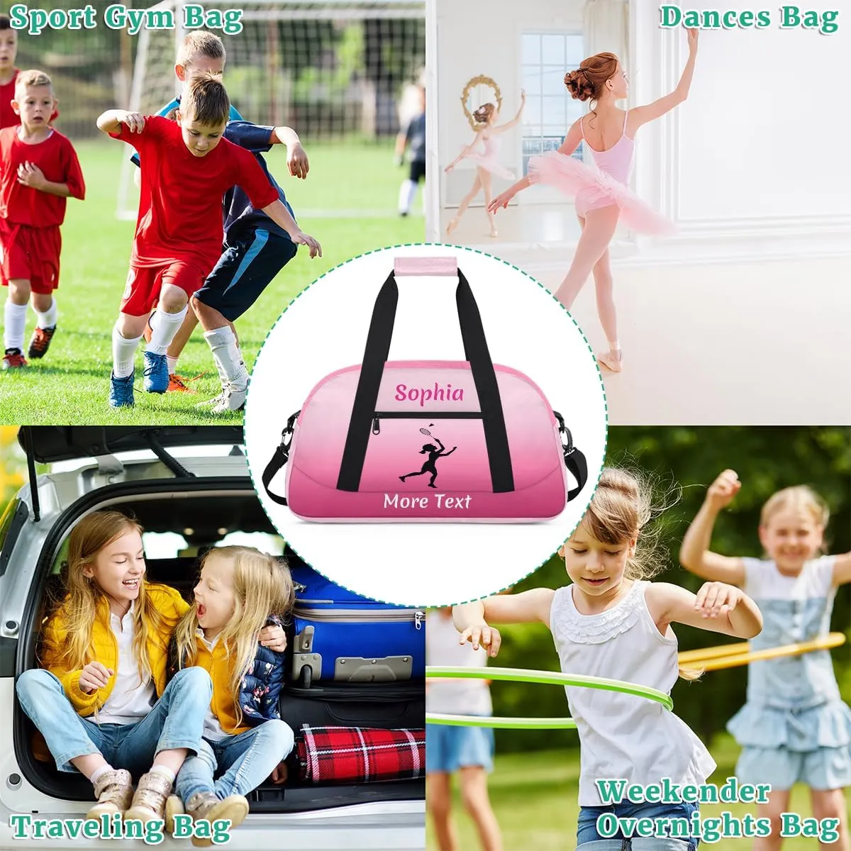 Custom Sport Duffel Bag for Girls, Personalized Kids Gym Bag, Overnight Weekender Bags for Teens, Travel Duffle Bag for Girls, Deeppink Badminton
