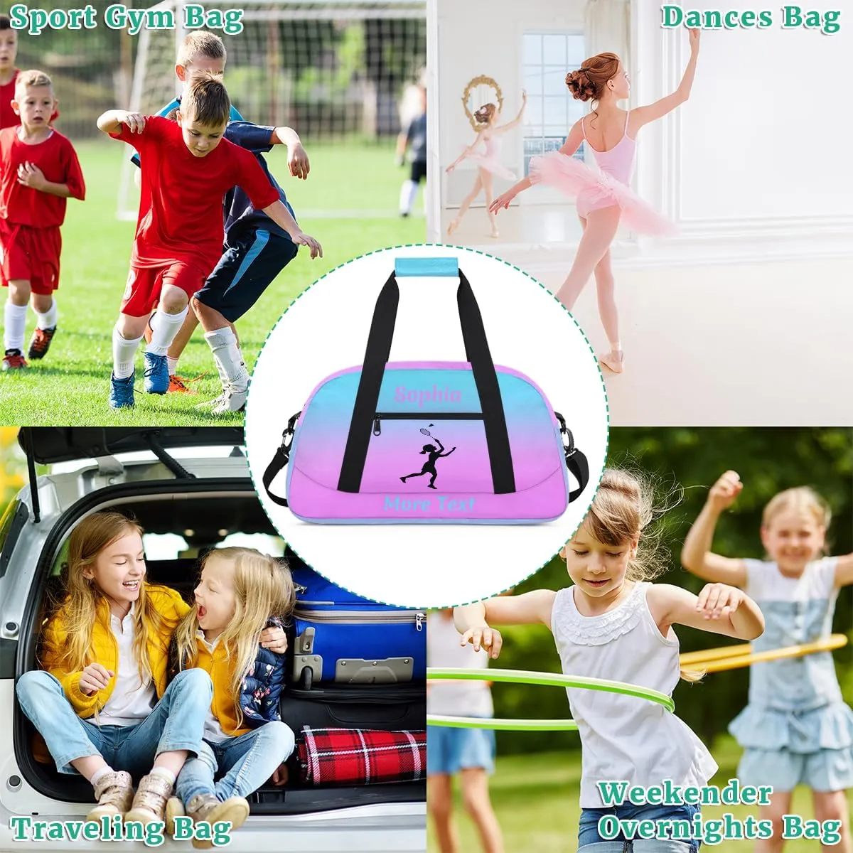 Custom Sport Duffel Bag for Girls, Personalized Kids Gym Bag, Overnight Weekender Bags for Teens, Travel Duffle Bag for Girls, Pink Badminton