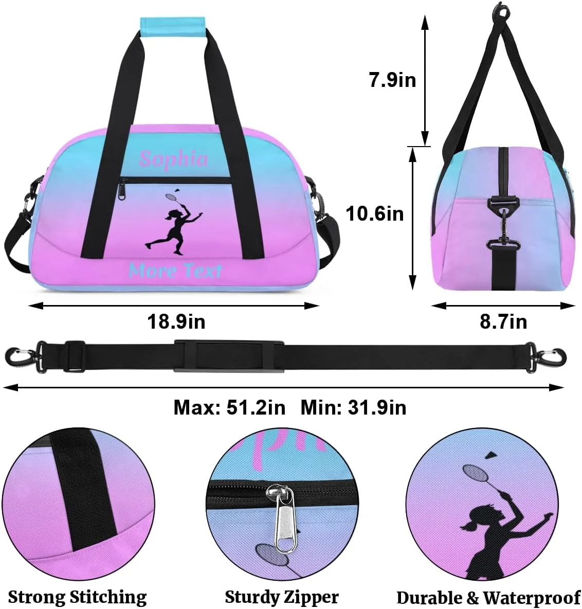 Custom Sport Duffel Bag for Girls, Personalized Kids Gym Bag, Overnight Weekender Bags for Teens, Travel Duffle Bag for Girls, Pink Badminton