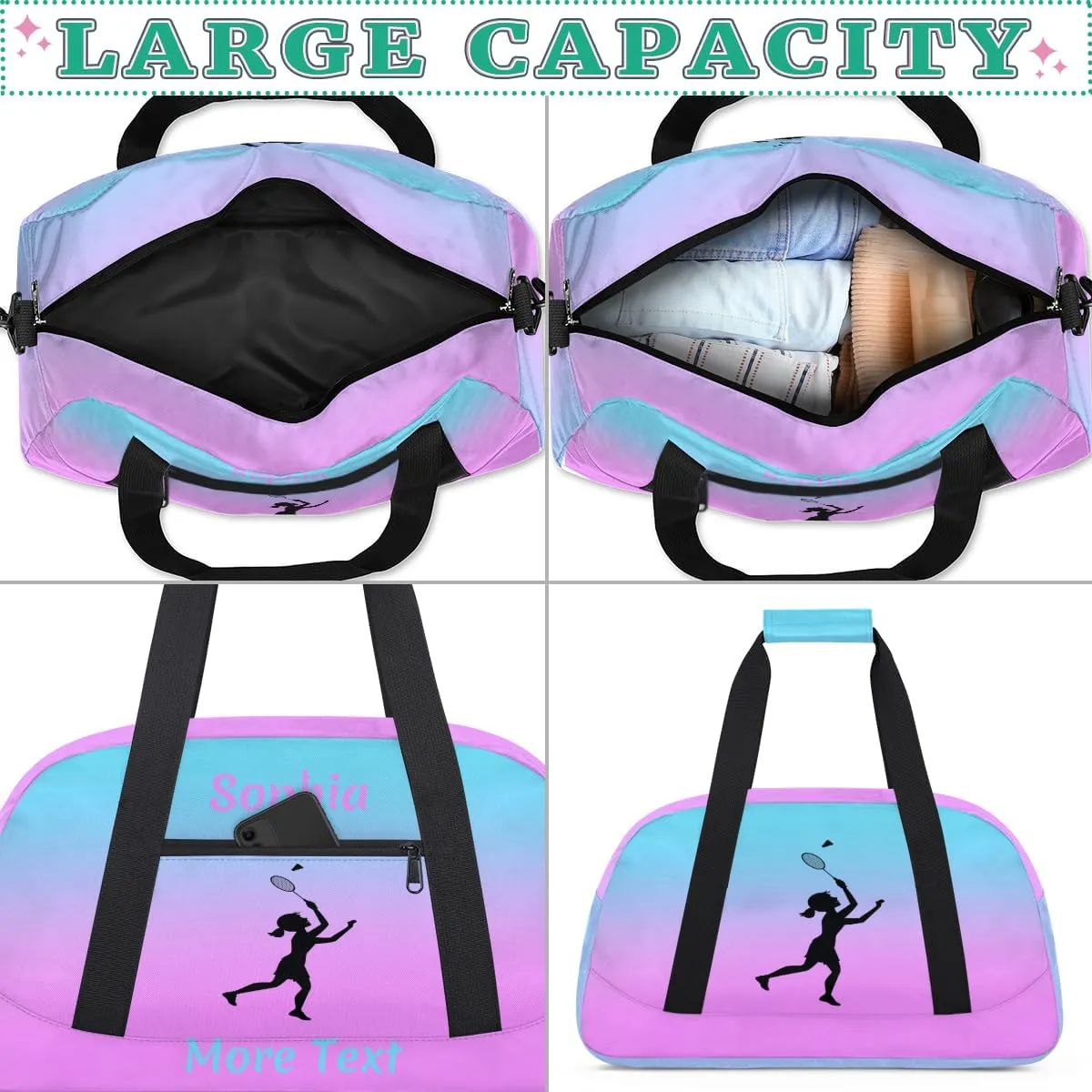 Custom Sport Duffel Bag for Girls, Personalized Kids Gym Bag, Overnight Weekender Bags for Teens, Travel Duffle Bag for Girls, Pink Badminton