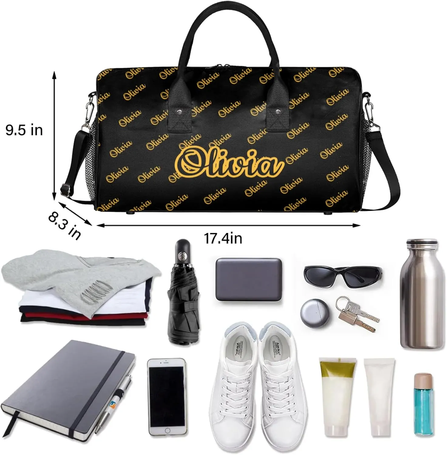 Custom Sport Duffel Bags Personalized Travel Overnight Bag Waterproof Customized Dance Bag Lightweight Carry-On Tote for Women Men 17.4in, Black Yellow