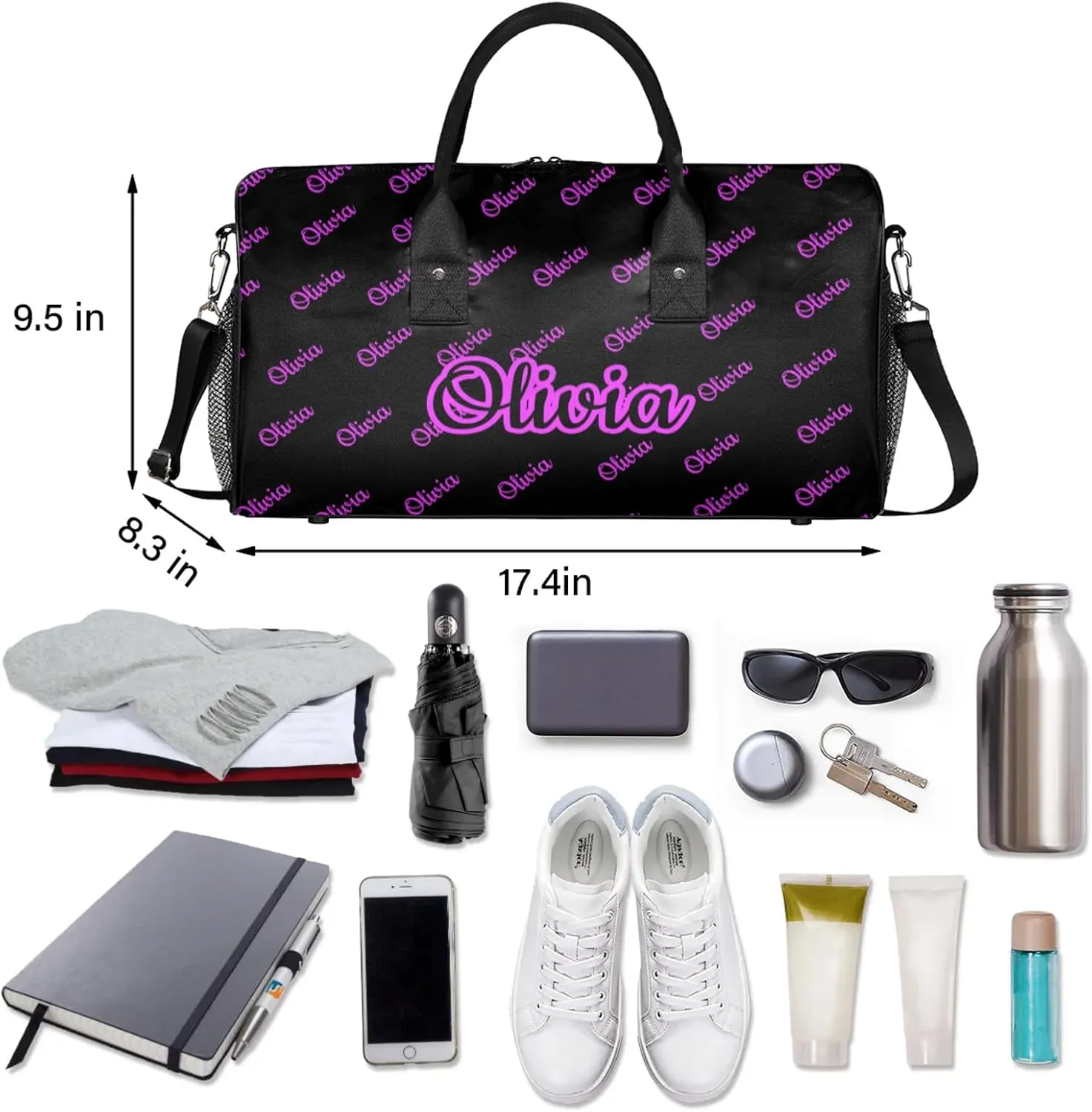 Custom Sport Duffel Bags Personalized Travel Overnight Bag Waterproof Customized Dance Bag Lightweight Carry-On Tote for Women Men 17.4in, Black