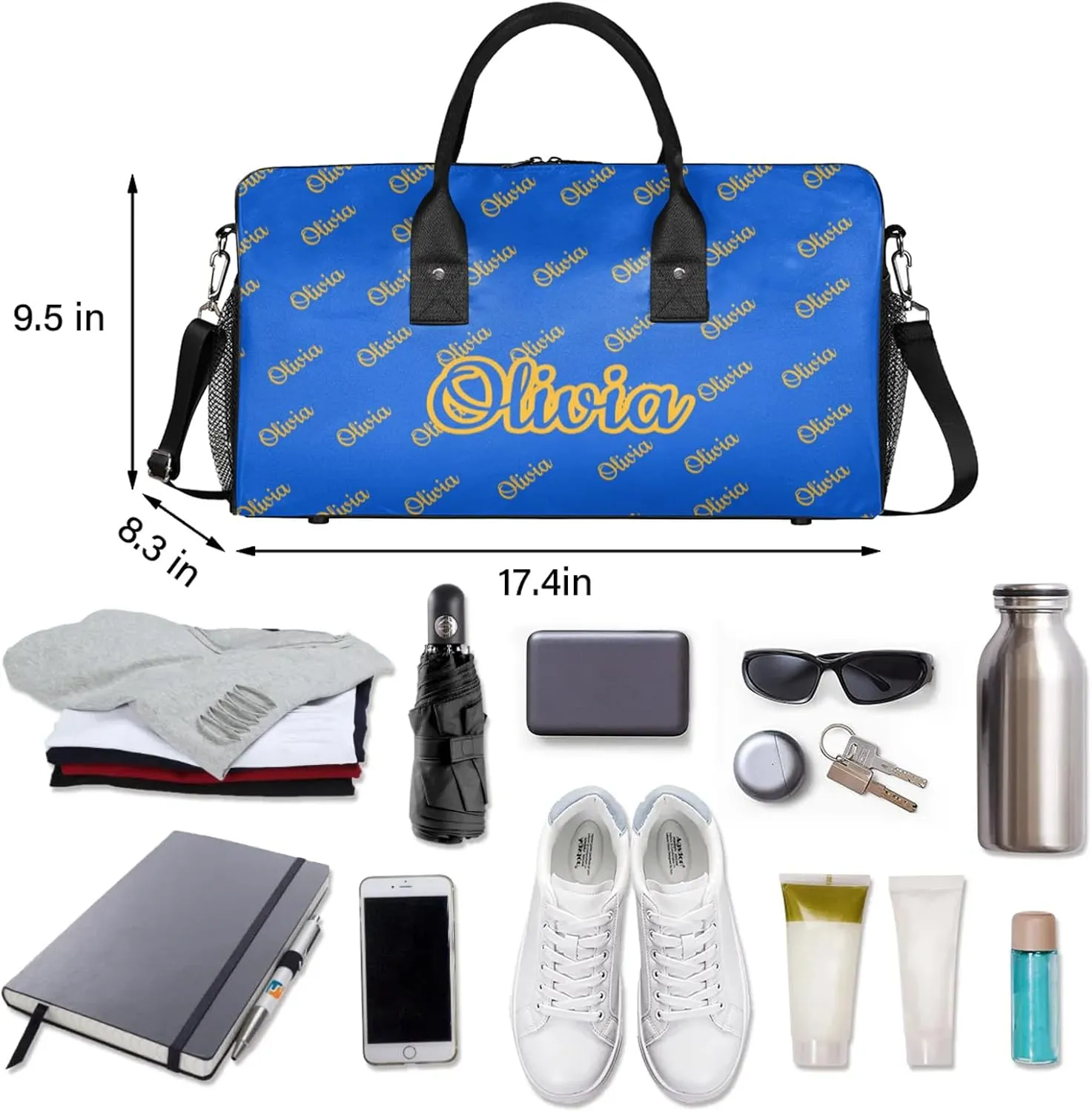Custom Sport Duffel Bags Personalized Travel Overnight Bag Waterproof Customized Dance Bag Lightweight Carry-On Tote for Women Men 17.4in, Blue Yellow