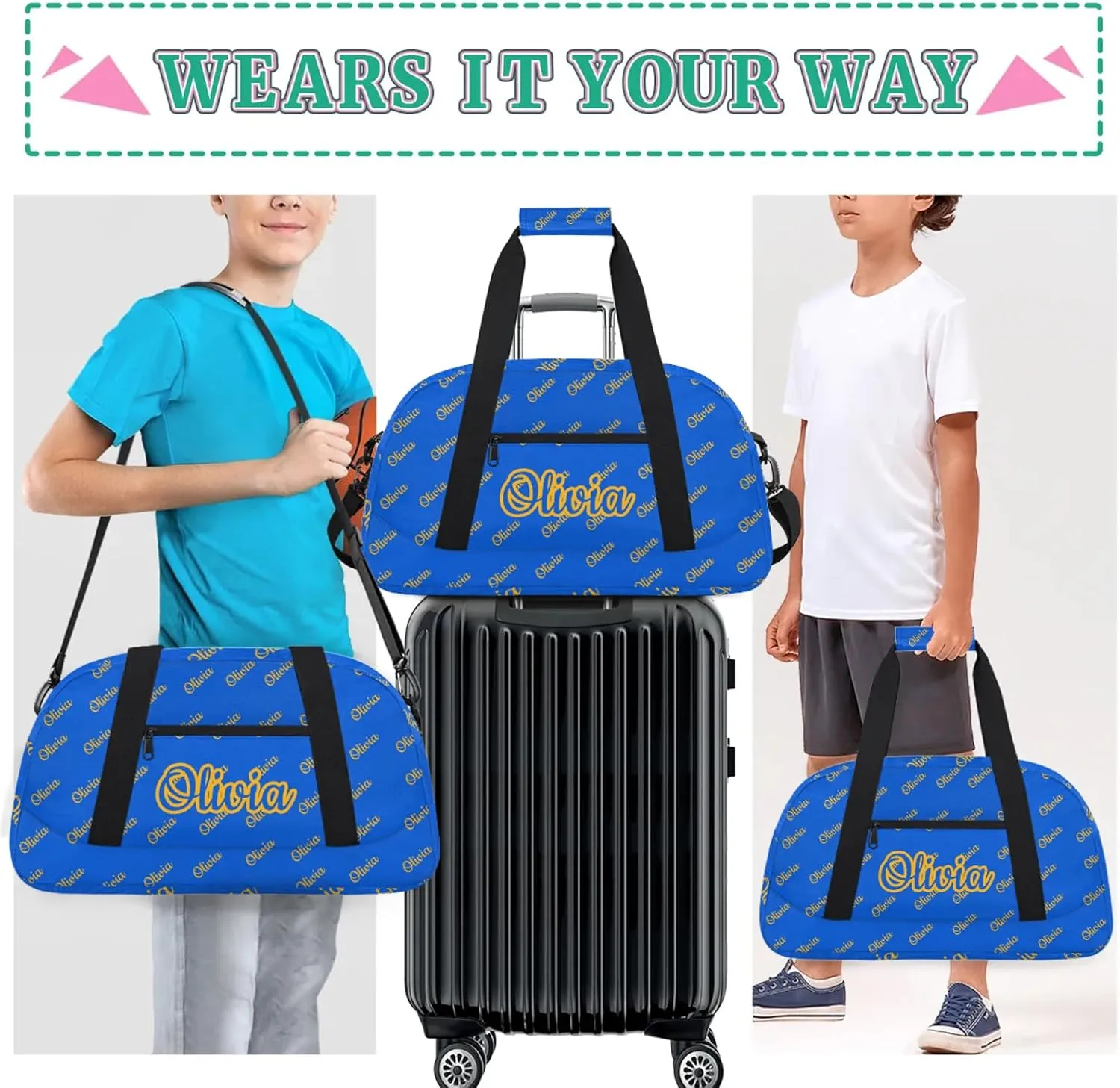 Custom Sport Duffel Bags Personalized Travel Overnight Bag Waterproof Dance Bag Lightweight Carry-On Tote for Women Men 18.9in, Blue Yellow