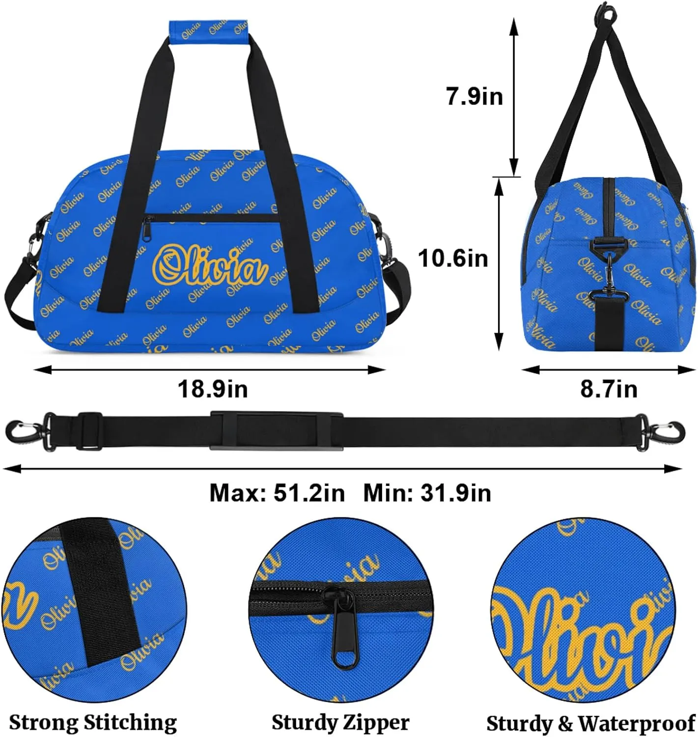 Custom Sport Duffel Bags Personalized Travel Overnight Bag Waterproof Dance Bag Lightweight Carry-On Tote for Women Men 18.9in, Blue Yellow