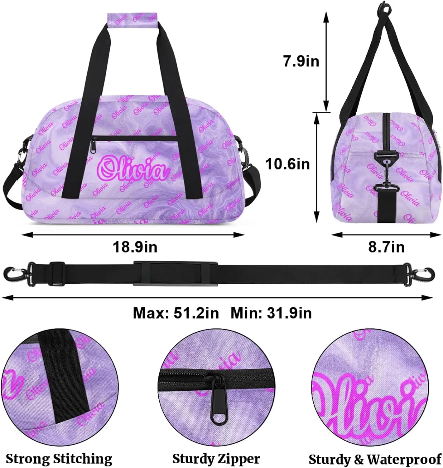 Custom Sport Duffel Bags Personalized Travel Overnight Bag Waterproof Dance Bag Lightweight Carry-On Tote for Women Men 18.9in, Purple Fluid Glitter