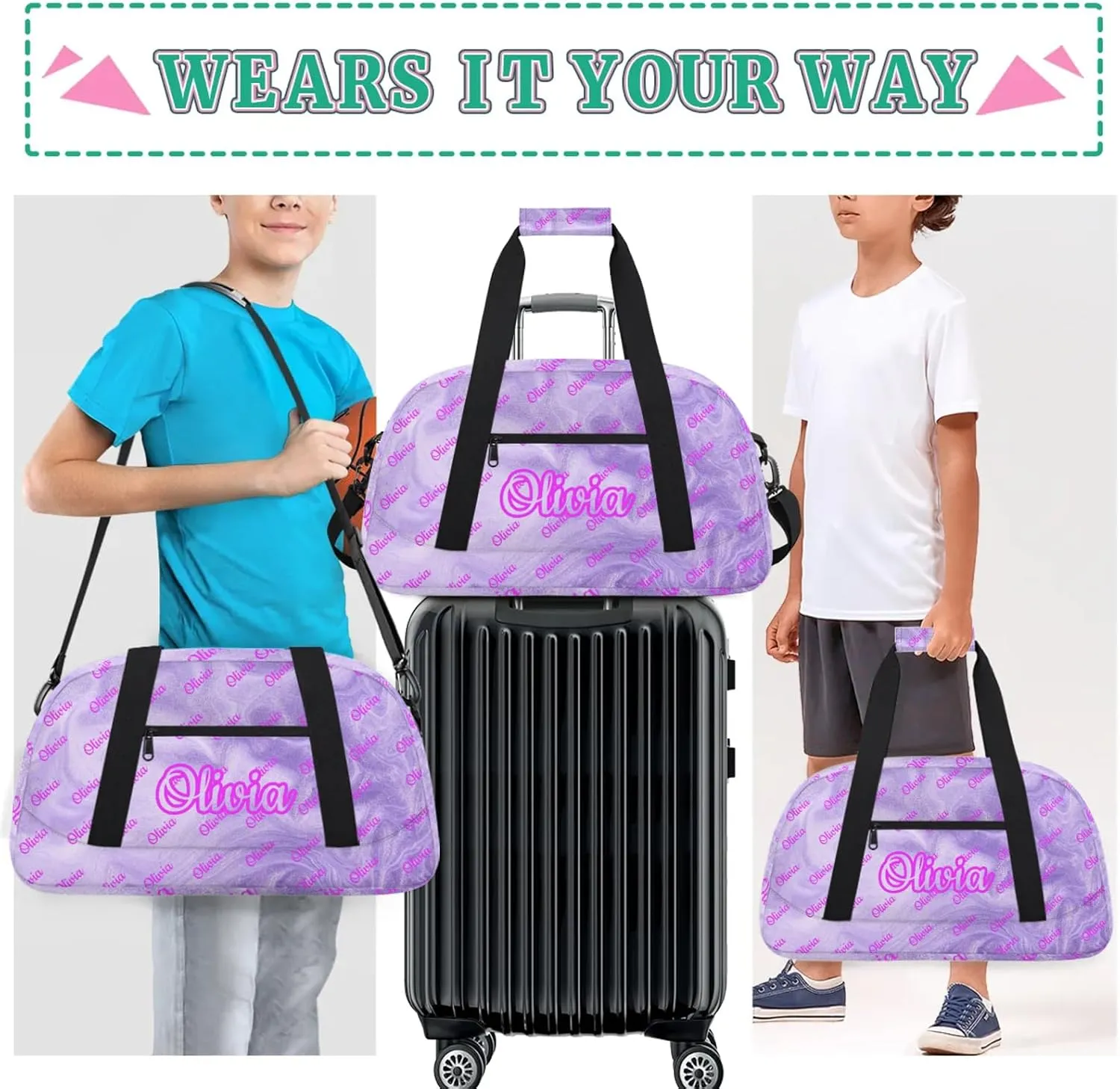 Custom Sport Duffel Bags Personalized Travel Overnight Bag Waterproof Dance Bag Lightweight Carry-On Tote for Women Men 18.9in, Purple Fluid Glitter