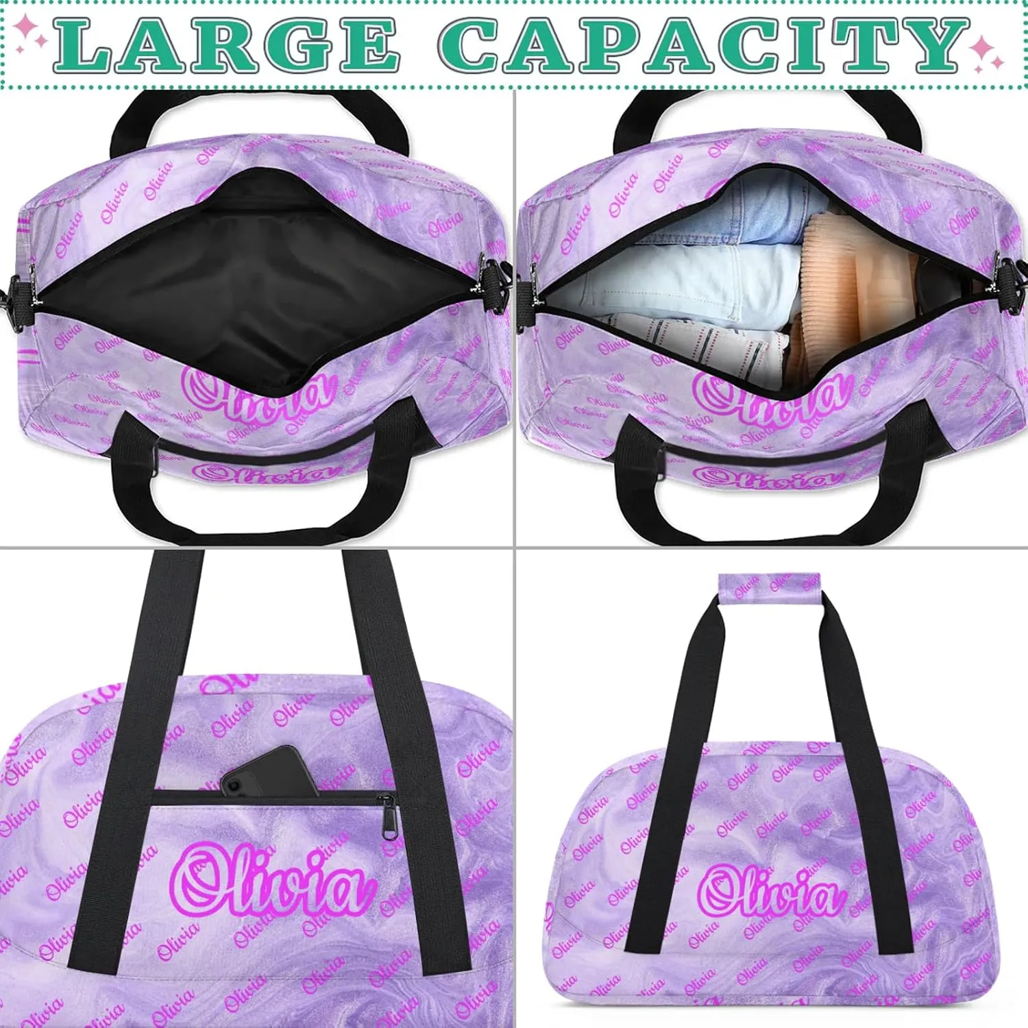 Custom Sport Duffel Bags Personalized Travel Overnight Bag Waterproof Dance Bag Lightweight Carry-On Tote for Women Men 18.9in, Purple Fluid Glitter
