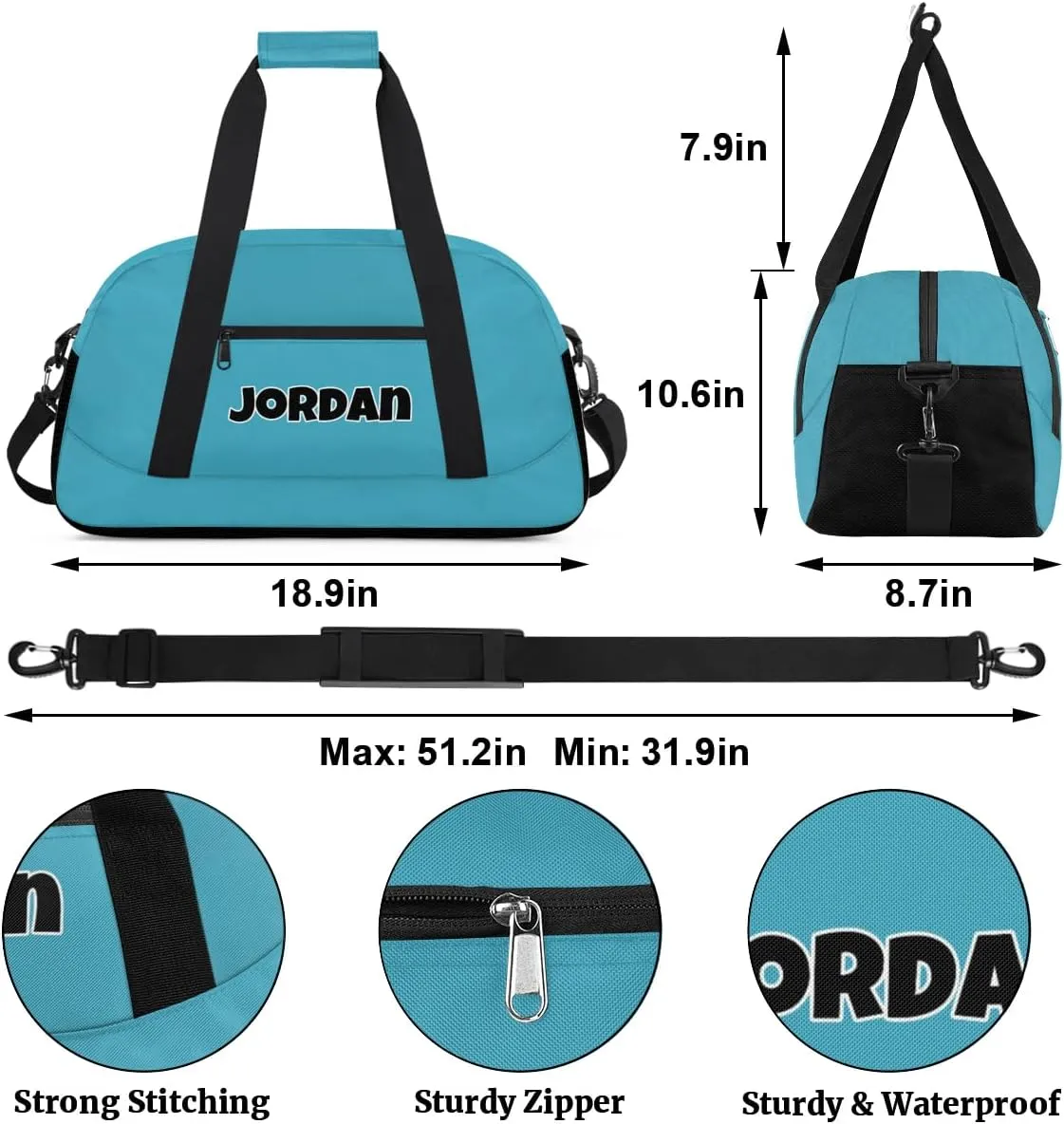 Custom Sport Gym Bags, Personalized Name Overnight Duffel Bags for Boys Girls Dance Weekender Bag Travel Tote Bags, Blue B