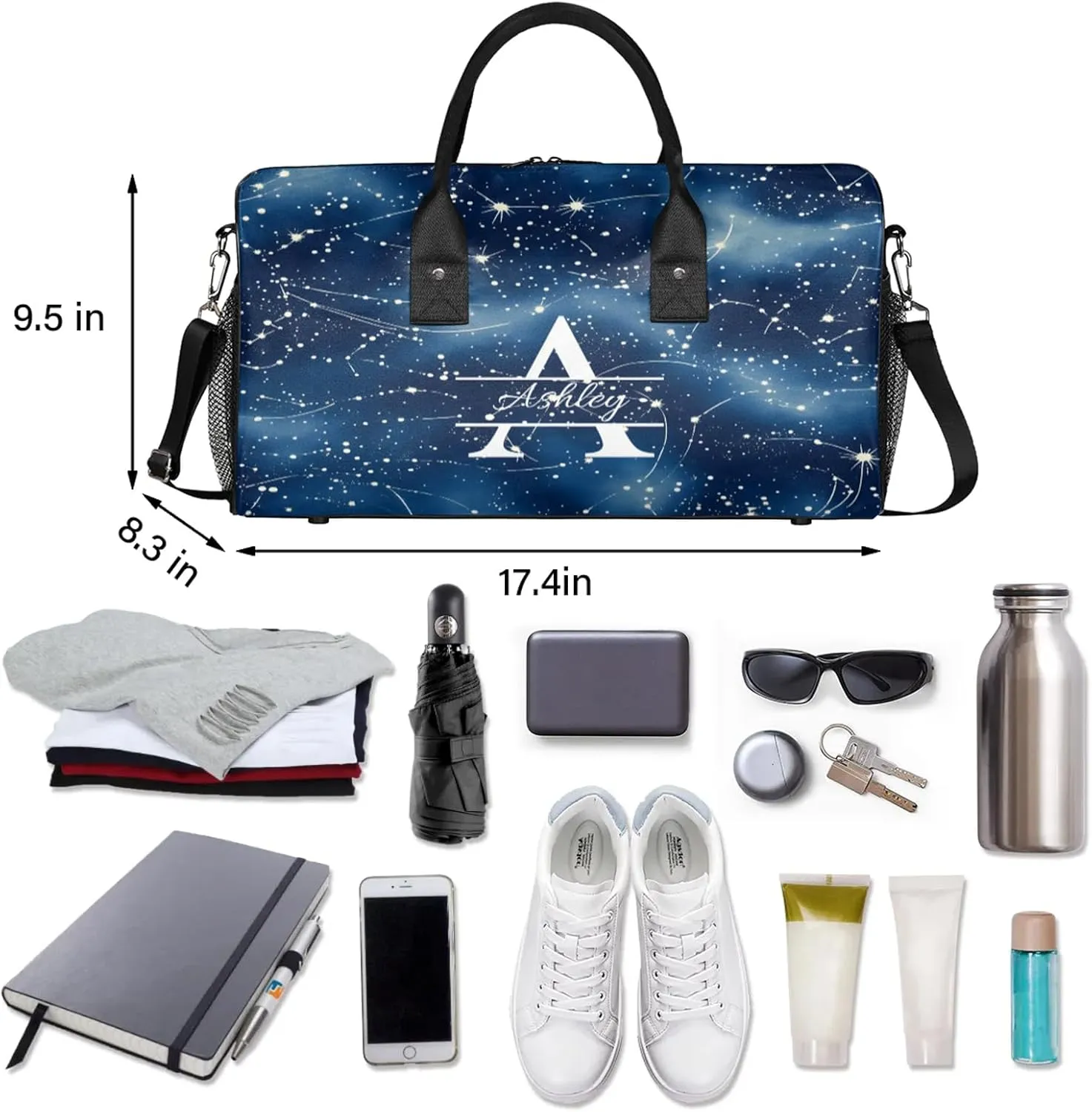 Custom Sports Duffel Bag Personalized Name Dance Gym Bag for Women Men Overnight Weekender Travel Duffel Bags Lightweight 17.4in, Dark Blue Cosmic Starry