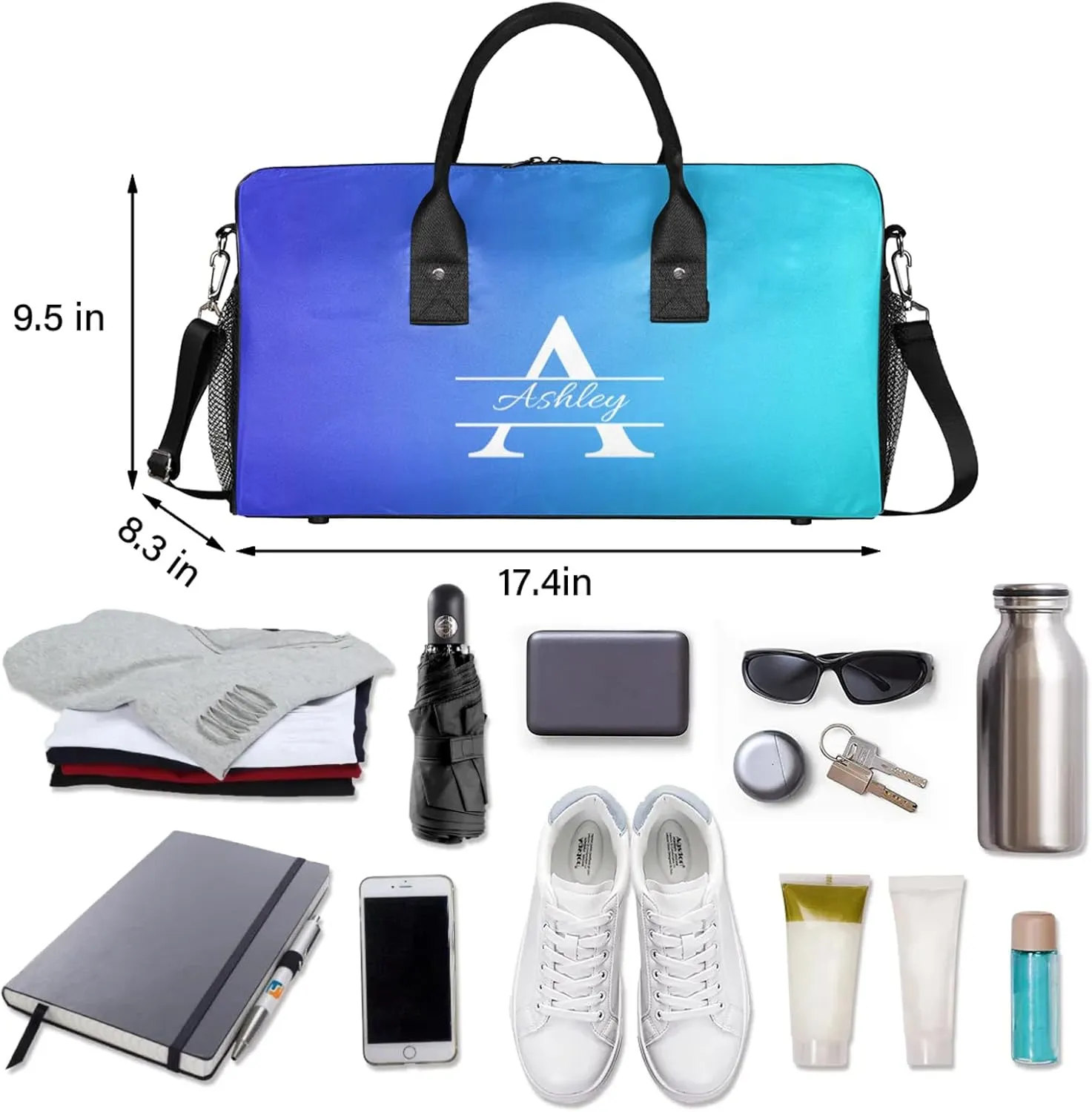 Custom Sports Duffel Bag Personalized Name Dance Gym Bag for Women Men Overnight Weekender Travel Duffel Bags Lightweight 17.4in, Multi Blue