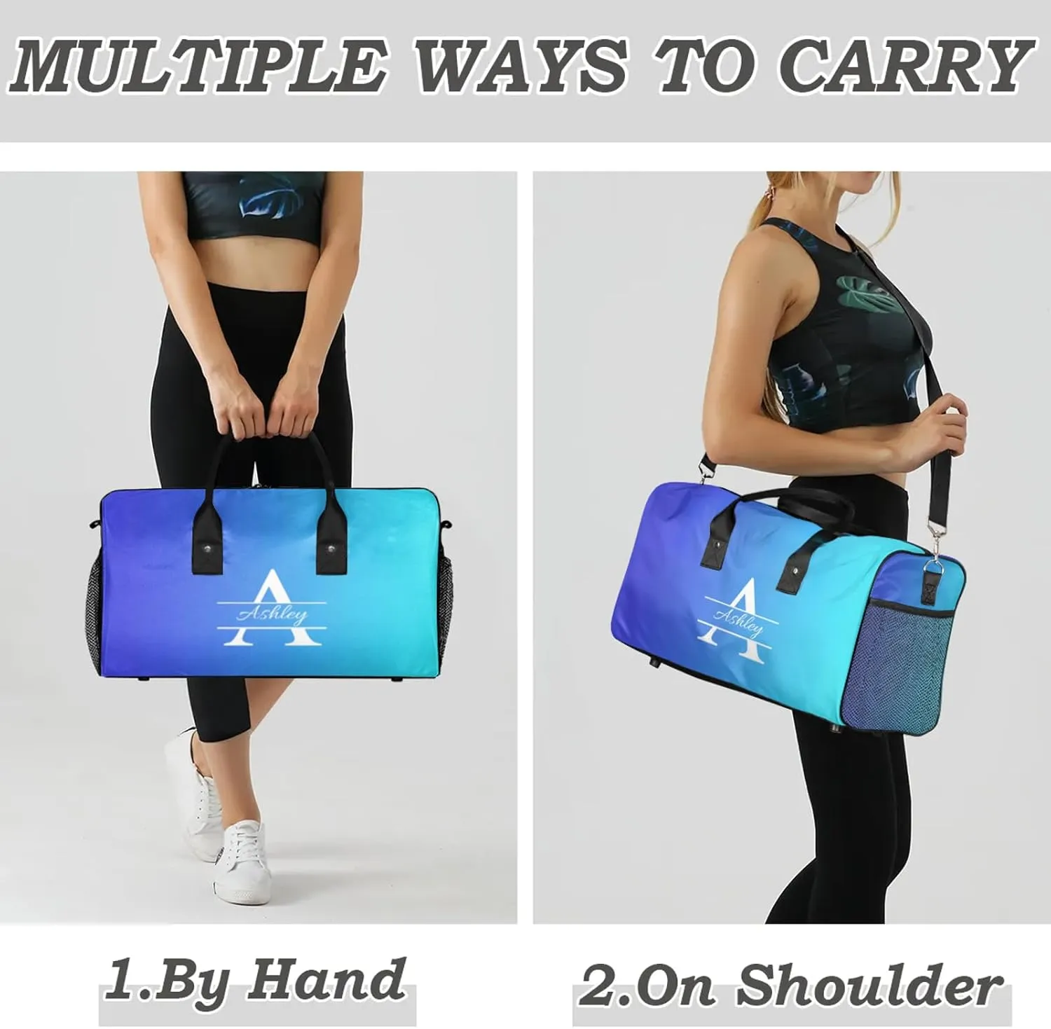Custom Sports Duffel Bag Personalized Name Dance Gym Bag for Women Men Overnight Weekender Travel Duffel Bags Lightweight 17.4in, Multi Blue