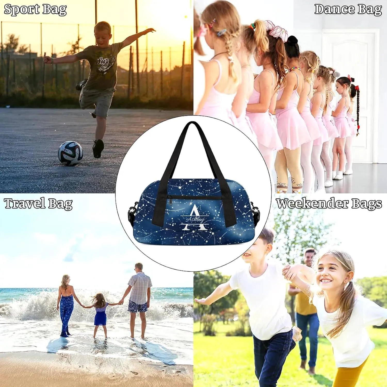Custom Sports Duffel Bag Personalized Name Dance Gym Bag for Women Men Overnight Weekender Travel Duffel Bags Lightweight 18.5in, Dark Blue Cosmic Starry