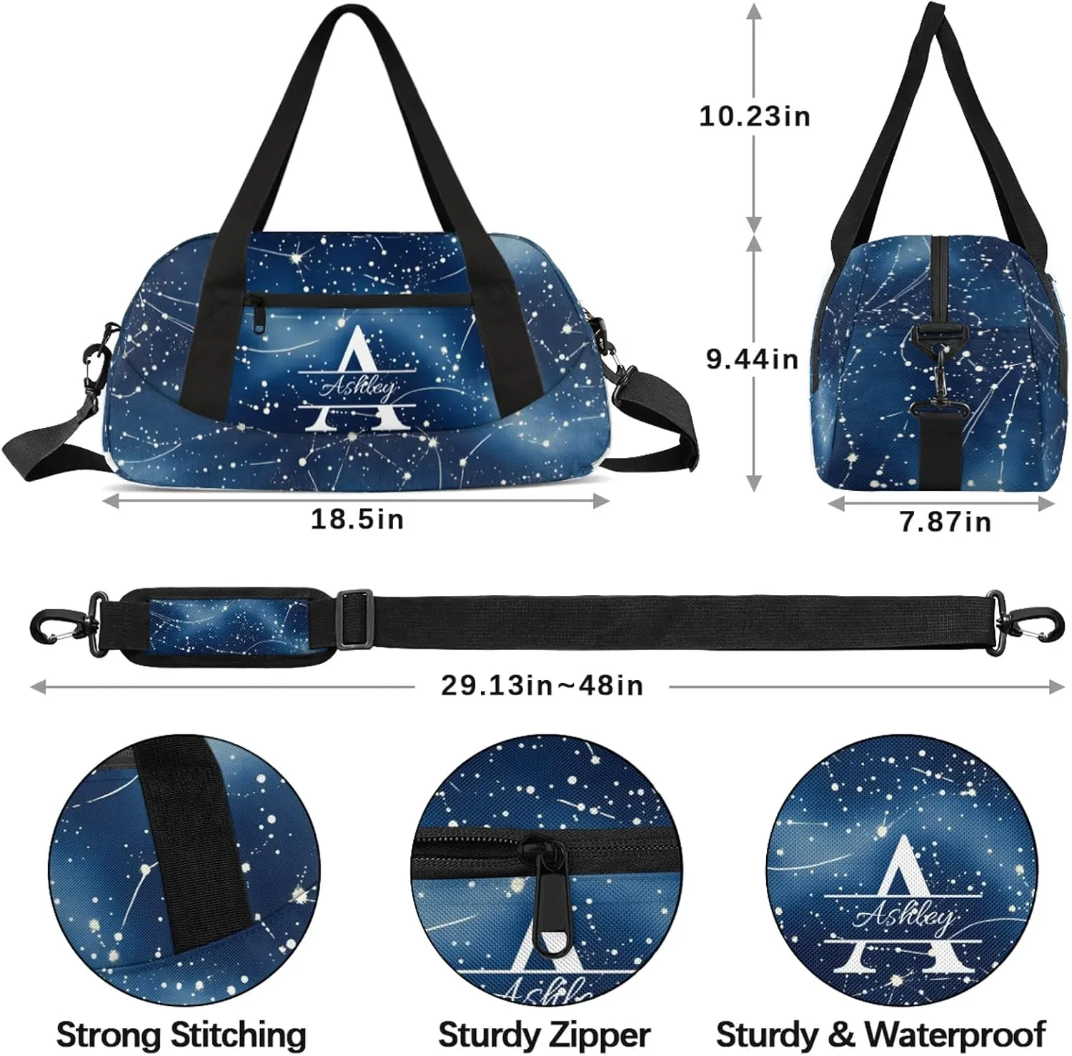 Custom Sports Duffel Bag Personalized Name Dance Gym Bag for Women Men Overnight Weekender Travel Duffel Bags Lightweight 18.5in, Dark Blue Cosmic Starry