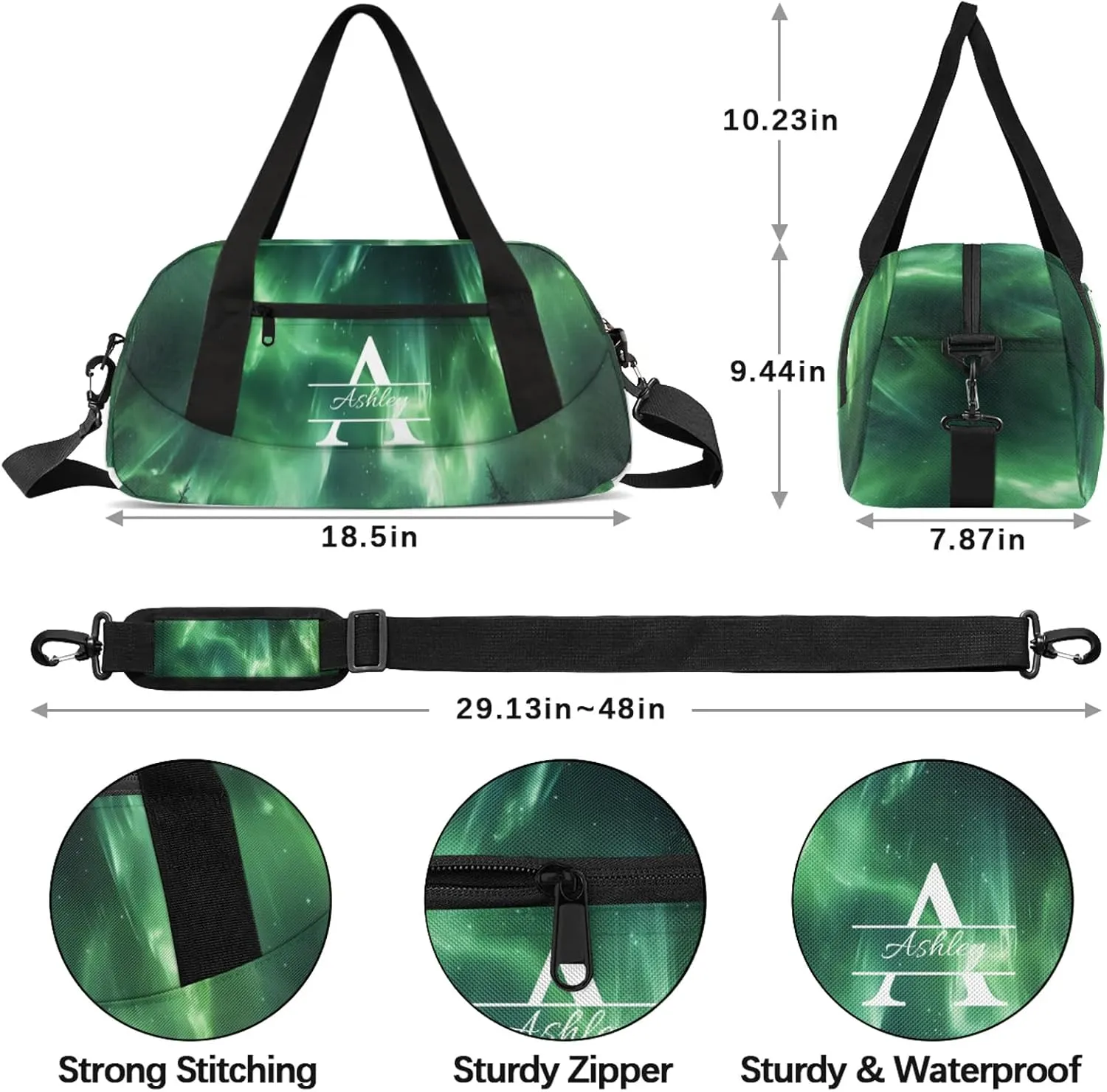 Custom Sports Duffel Bag Personalized Name Dance Gym Bag for Women Men Overnight Weekender Travel Duffel Bags Lightweight 18.5in, Northern Lights Space