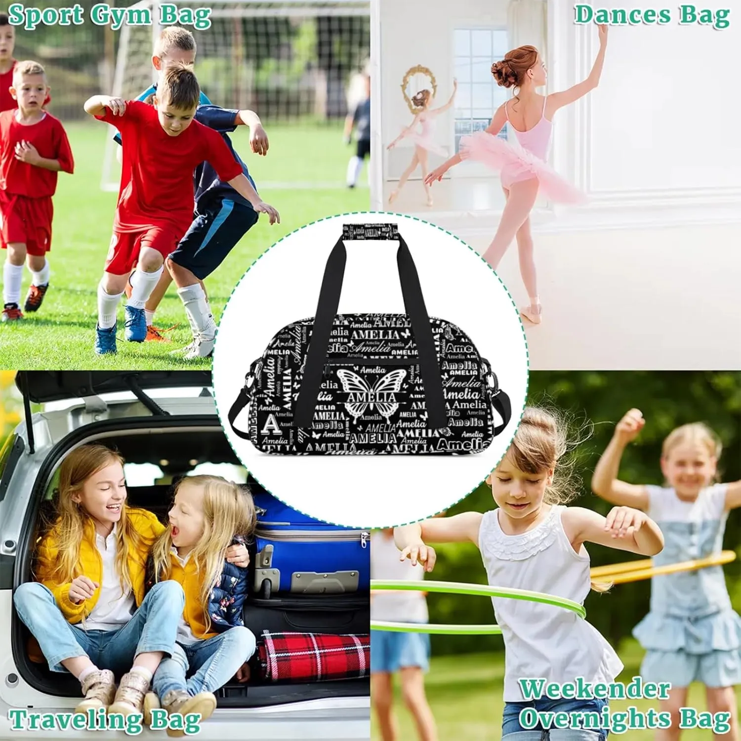 Custom Sports Duffel Bags with Name, Butterfly Personalized Gym Bag Customized Travel Duffle Bag Overnight Carry-On Bag Weekender Bags, Black