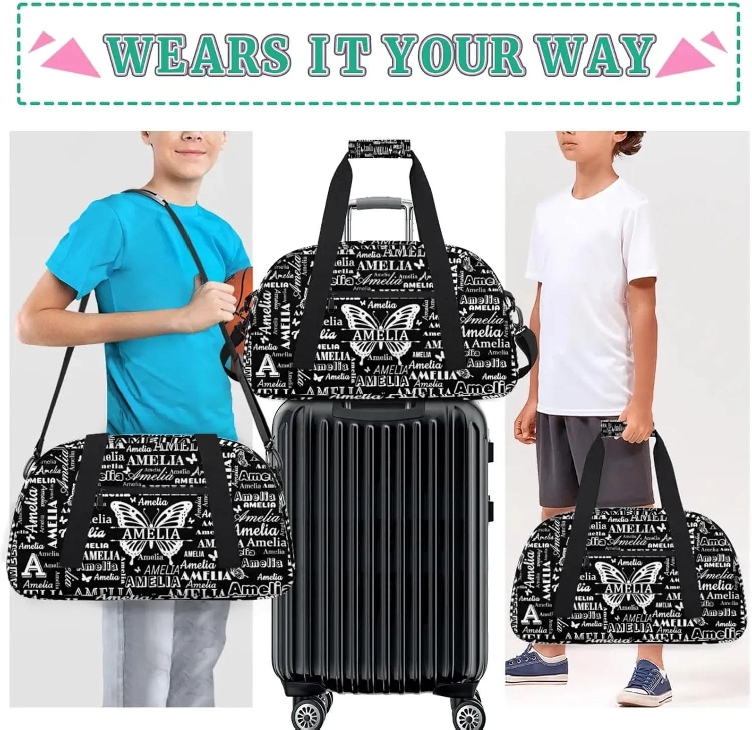 Custom Sports Duffel Bags with Name, Butterfly Personalized Gym Bag Customized Travel Duffle Bag Overnight Carry-On Bag Weekender Bags, Black